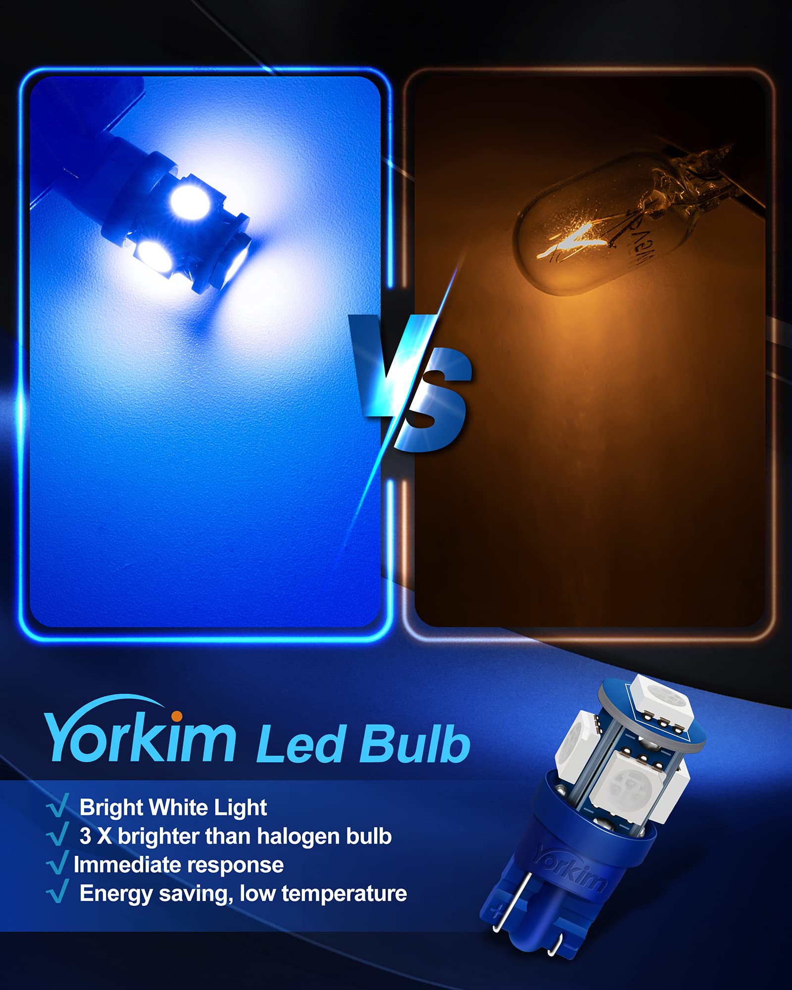 Yorkim 194 Led Bulbs Blue Super Bright New 5Th Generation, T10 Led Bulbs, 168 Led Bulb For Car Interior Door Courtesy Dome Map License Plate Lights W5W 2825, Pack Of 10