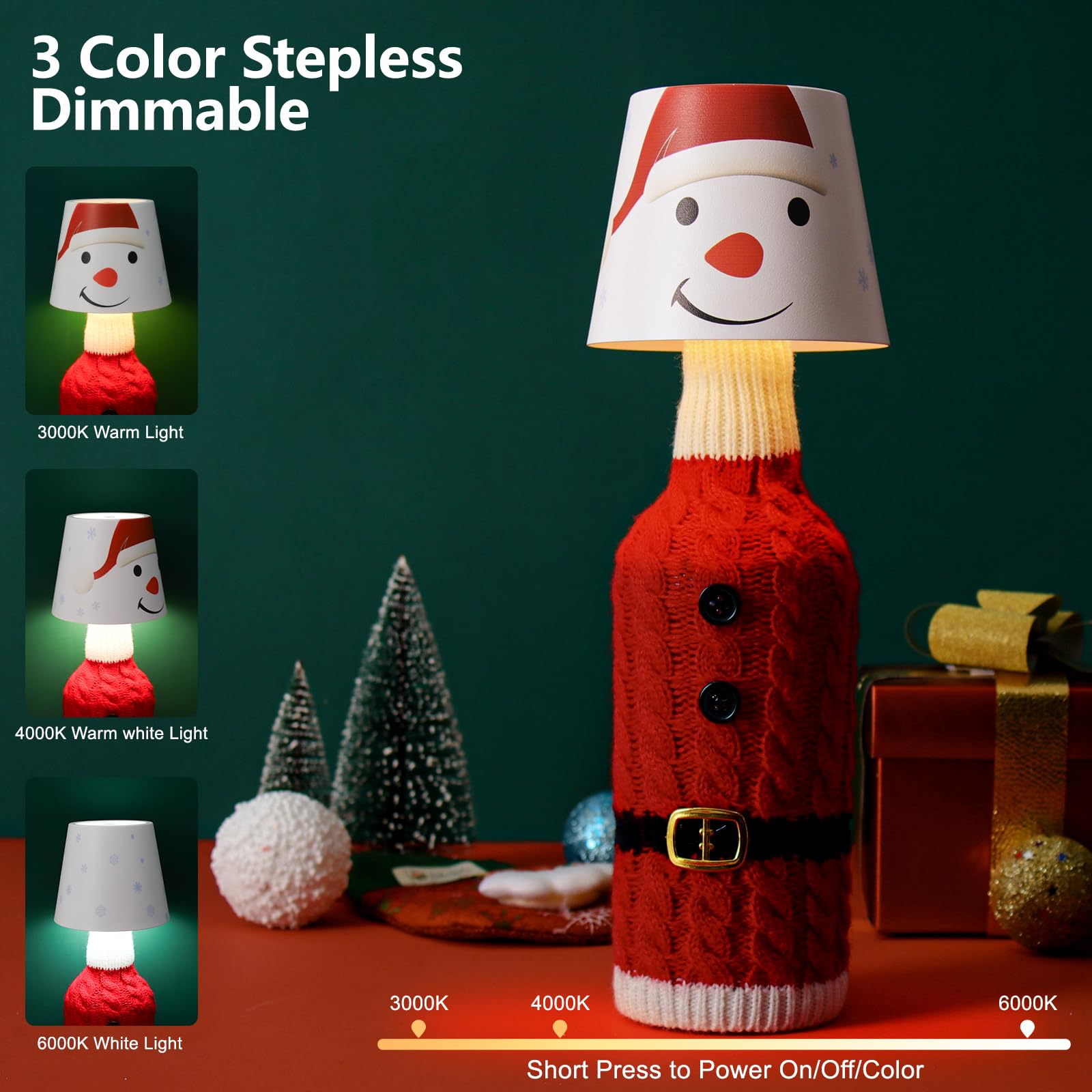 Mebaraul Wireless Bottle Lamp Shade, Rechargeable LED Table Lamp, Touch Control, Snowman Design, Model FT1