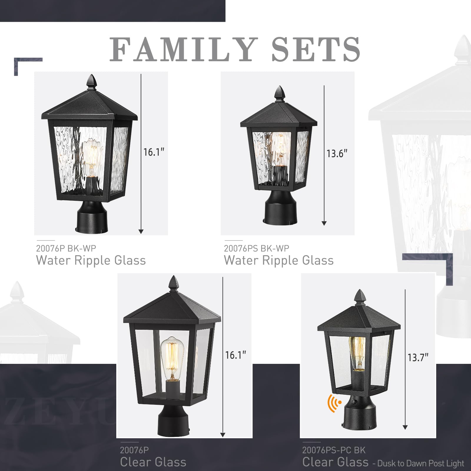 Zeyu Large Lamp Post Light Fixture, 16.1 Inch Outdoor Post Lamps For House Garden, Die-Cast Aluminum With Water Ripple Glass, Bl