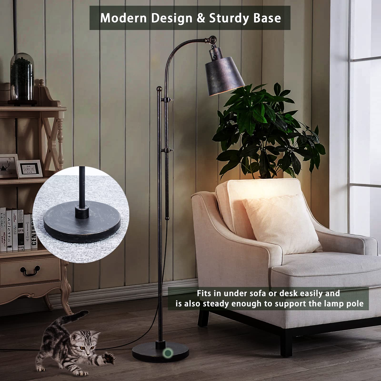 Floor Lamp, Industrial Floor Lamps For Living Rooms & Bedrooms - Rustic Farmhouse Reading Lamp Standing, Adjustable Metal Heads