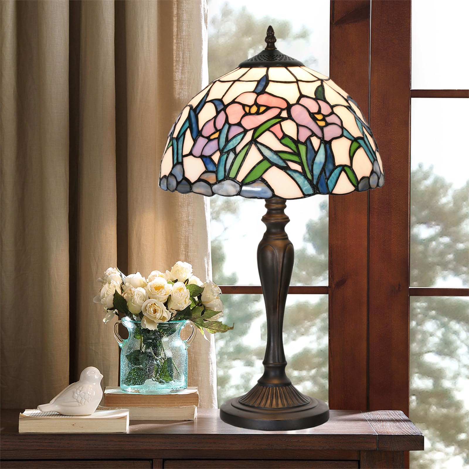 Homebeauty Tl0005 Tiffany Table Lamp Bedside Stained Glass Lamp Spring Floral Design Reading Desk Light 12X21.5 Inches For Bedro
