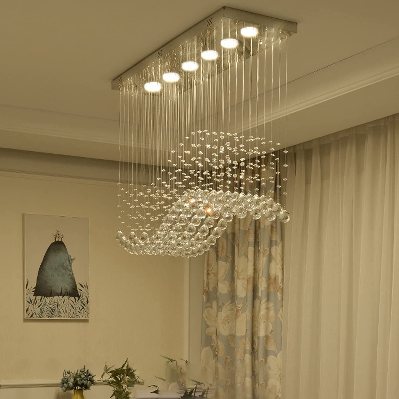 CRYSTOP Modern Wave Chandelier - Rectangular Crystal Raindrop Flush Mount Pendant Light Fixture - 23.6" x 9.8" x 27.6", Silver