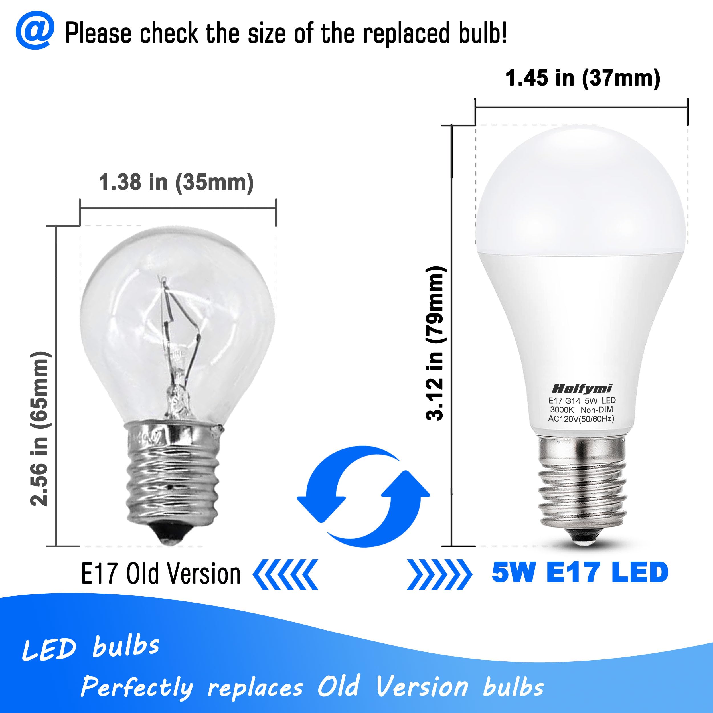Heifymi E17 Intermediate Base Led Bulbs, 3000K Warm White, 5 Watts(40W Equivalant), 500 Lumens, Non-Dimmable For Ceiling Fan Cha