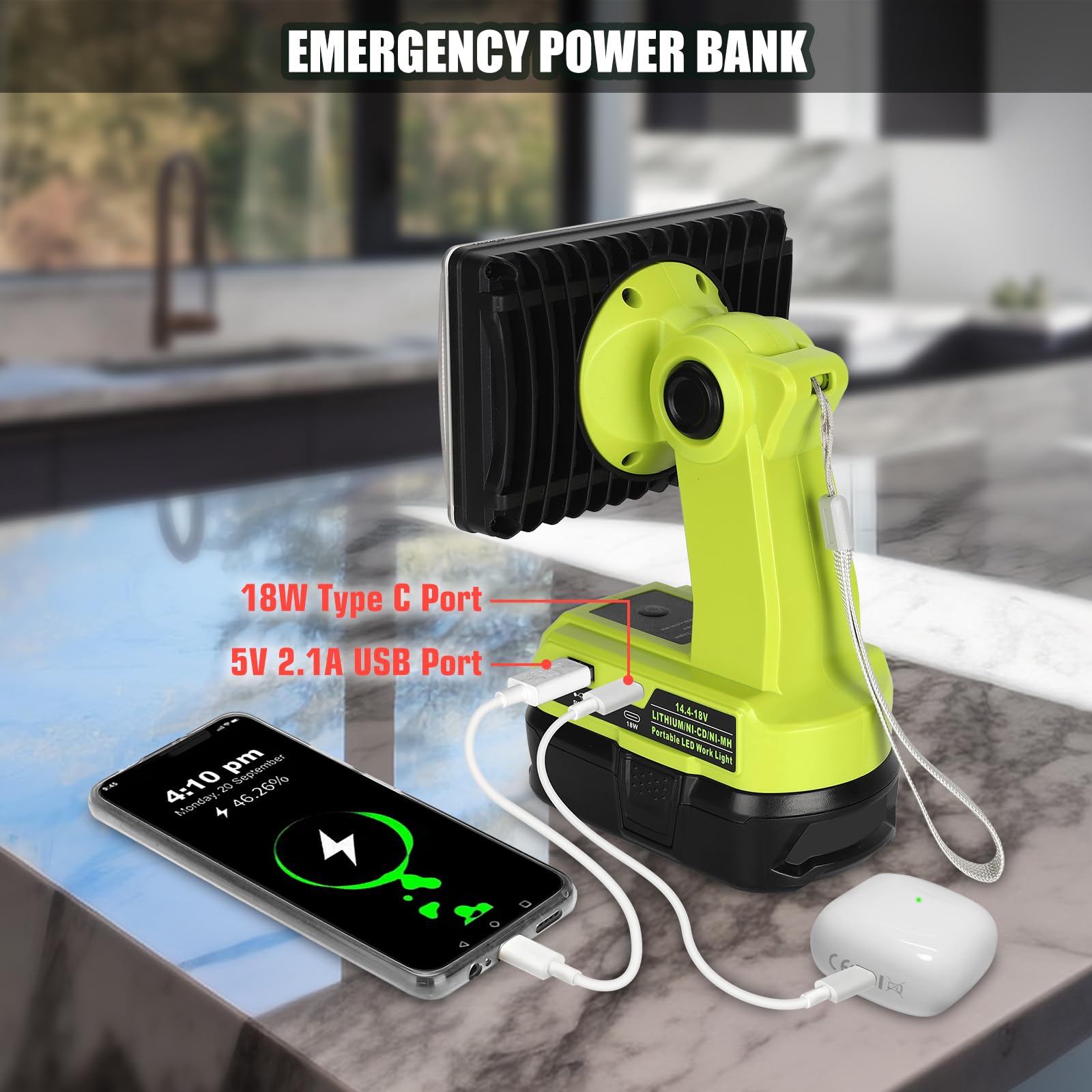 Philophca 18V Light Compatible With Ryobi 18V Battery,18W 2000Lm Spotlight With Usb Port, Zinc Alloy 110 Degree Pivoting Head, L