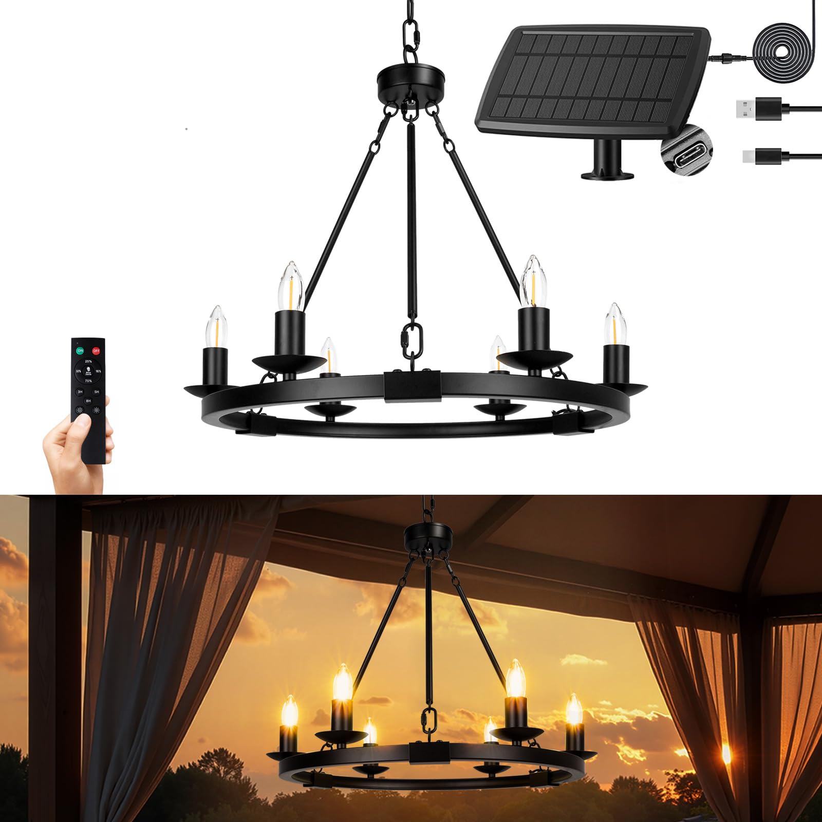 ALL FORTUNE Solar Outdoor Chandelier, 6-Light 19 Chandelier Outdoor Waterproof Dimmable Hanging Pendant Lights, Farmhouse Style 