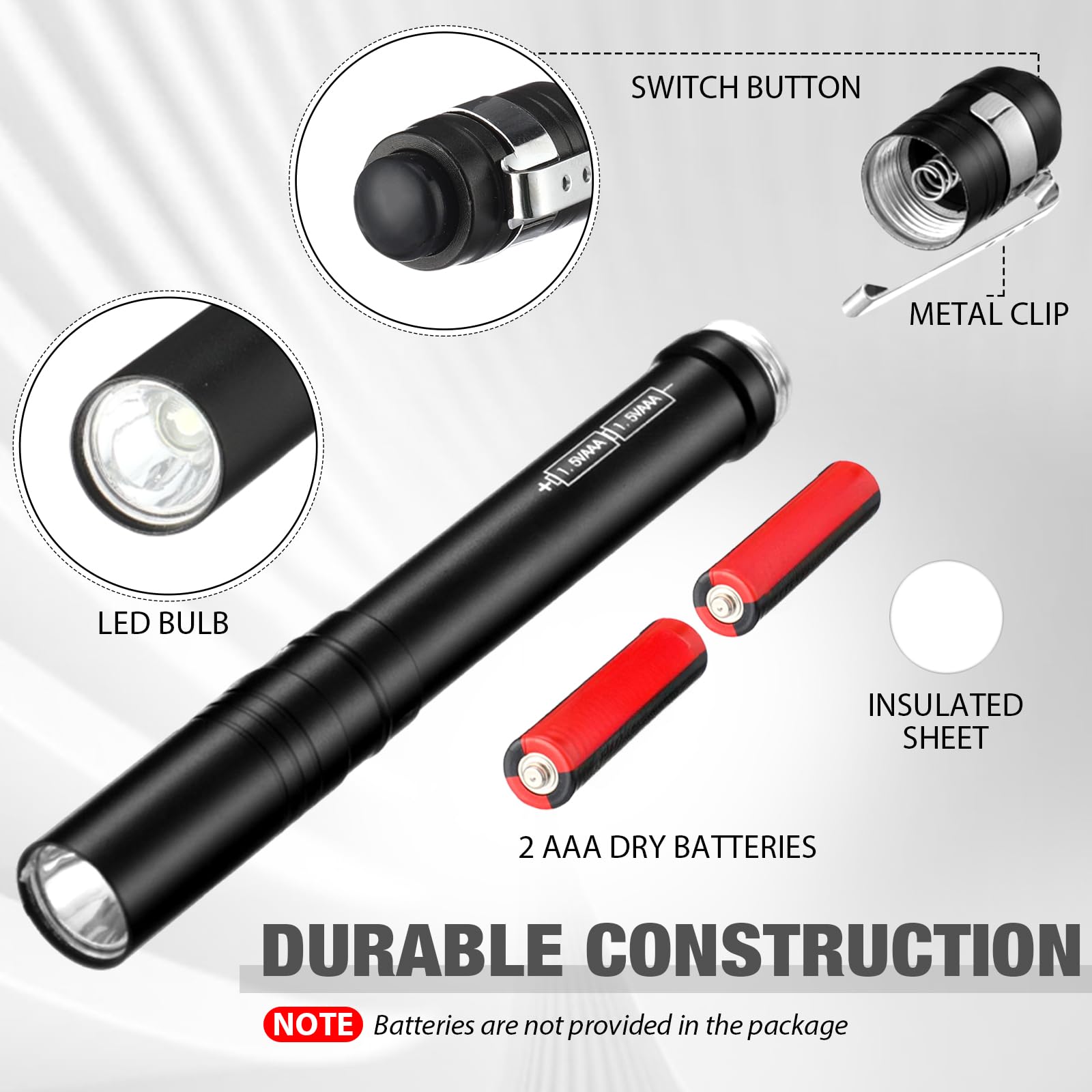 Tujoe LED Penlight Flashlight, Aluminum Mini Flashlight with Clip, Black, 12 Pack