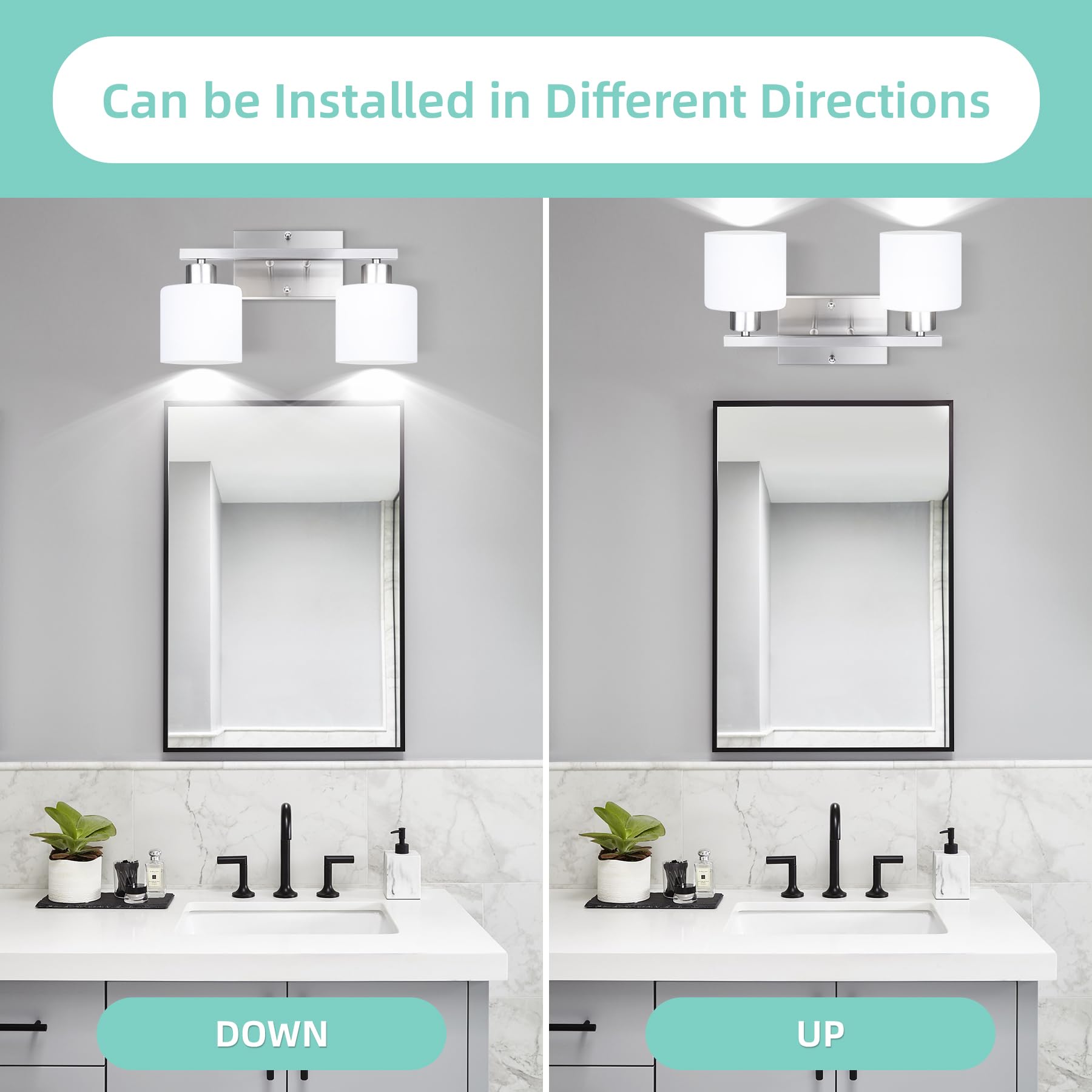 SILAMPDI 2-Light Bathroom Vanity Lights Brushed Nickel Metal Wall Sconces with Milky White Glass Shades, Model SLD-JQD-001