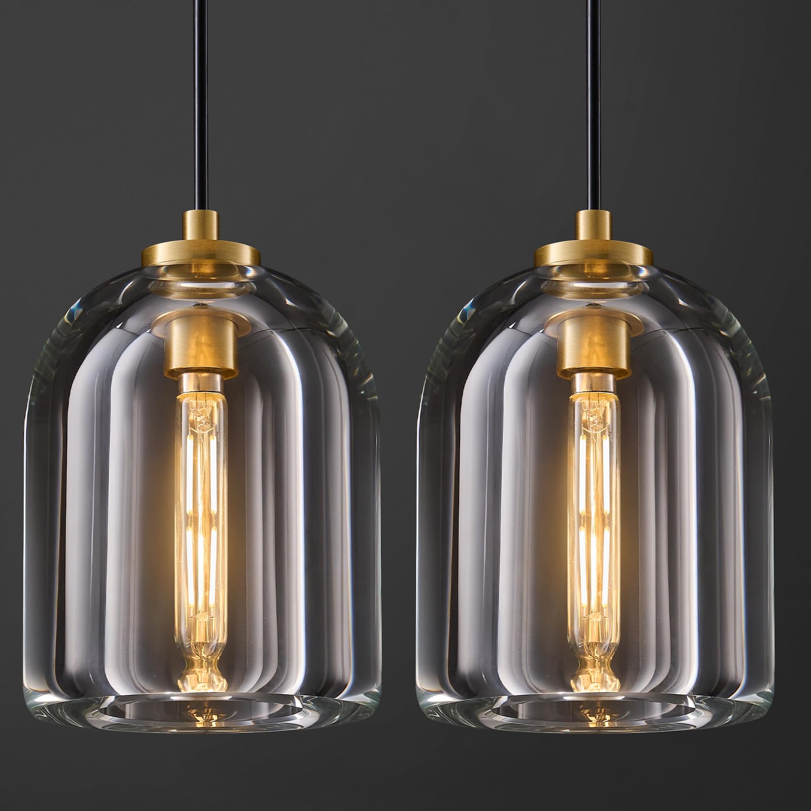 Crystal Pendant Light Kitchen Island: 2 Pack Gold K9 Crystals Lights - 5.1 Dimmable Contemporary Cylinder Light above Dining Table - Modern Ceiling Hanging Lighting for Bedroom E12 Bulbs Included