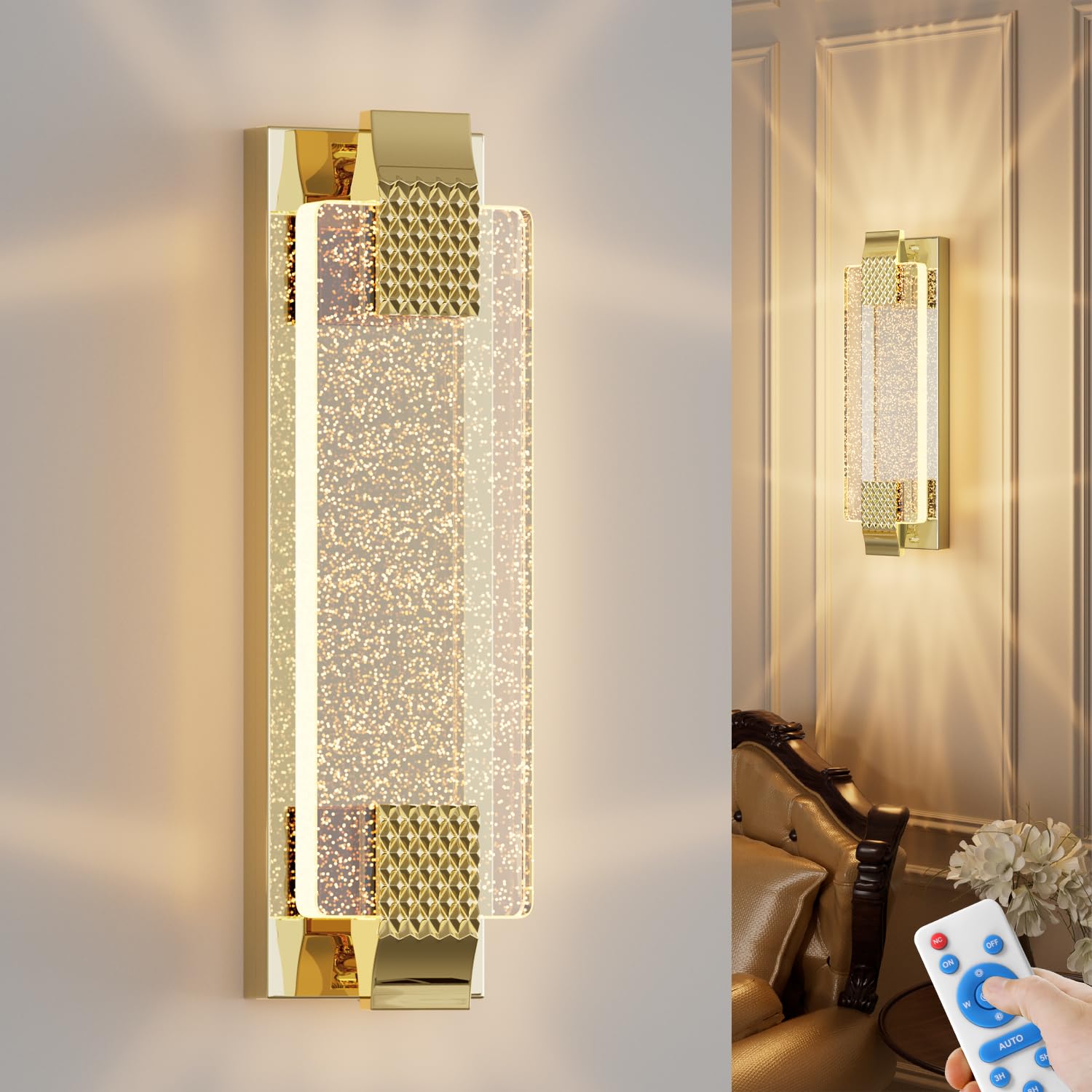 Camuucci Gold Rechargeable Battery Operated Wall Sconce, Dimmable Remote Control Light 15.2"