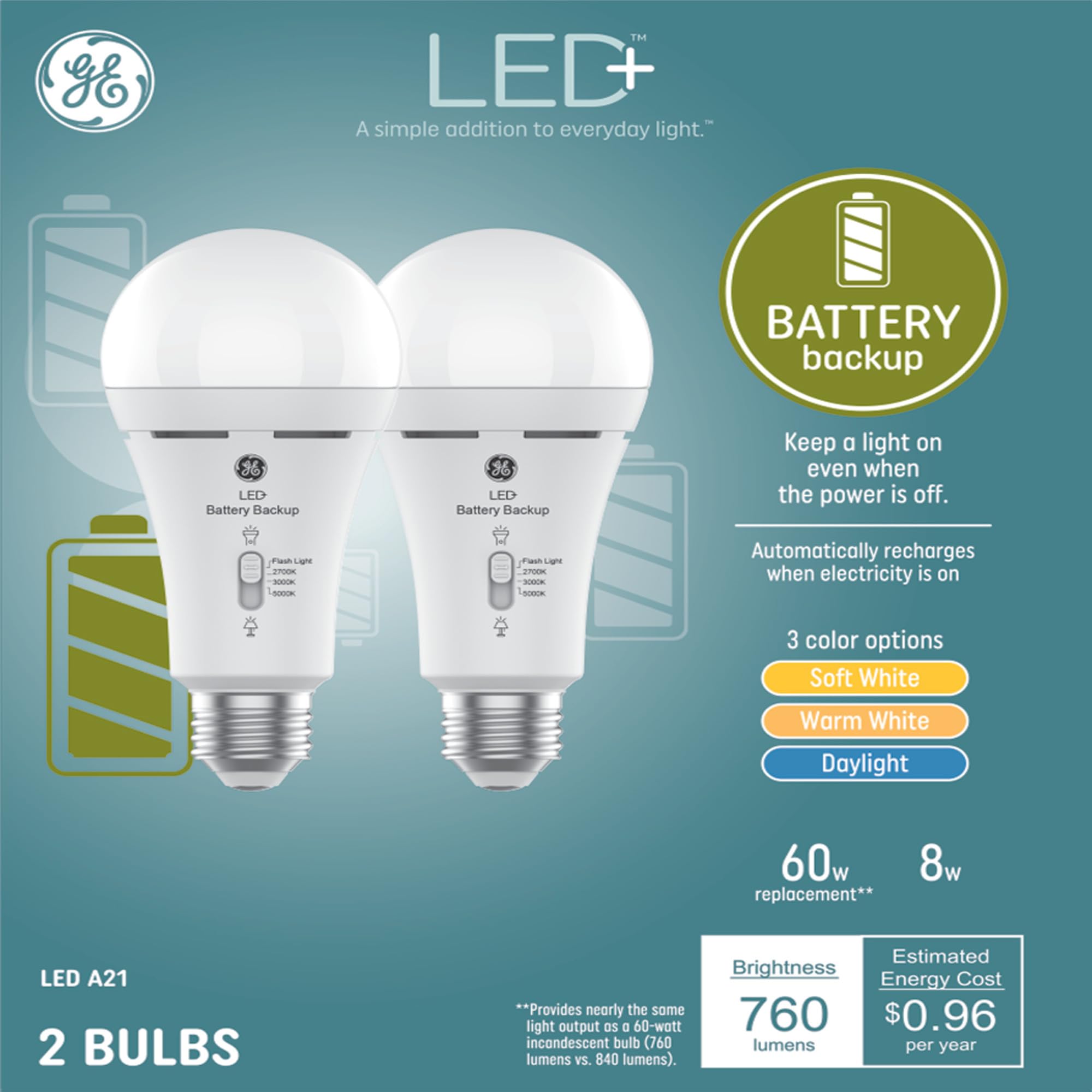 GE LED+ Backup Battery LED Light Bulbs, A21 Rechargeable, 3 Color Temperatures, 2 Pack, White, Model 93131819