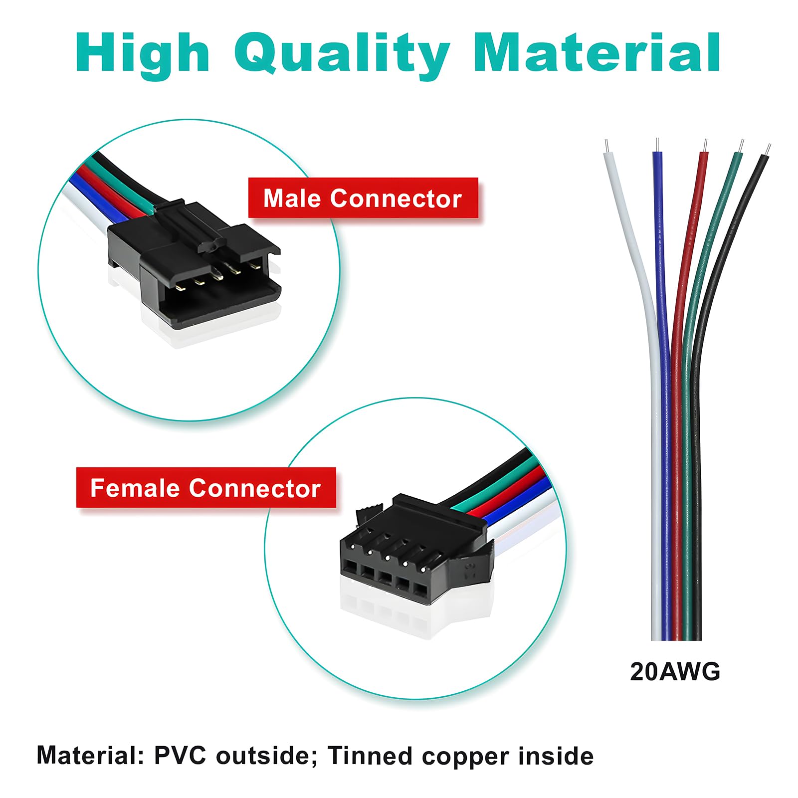 Visdoll 30 Pairs Jst Sm 5 Pin Connectors Female/Male 20Awg Wire 15Cm Cable Led Strip Connector For 5050 Rgbw Rgbww Led Strip Light