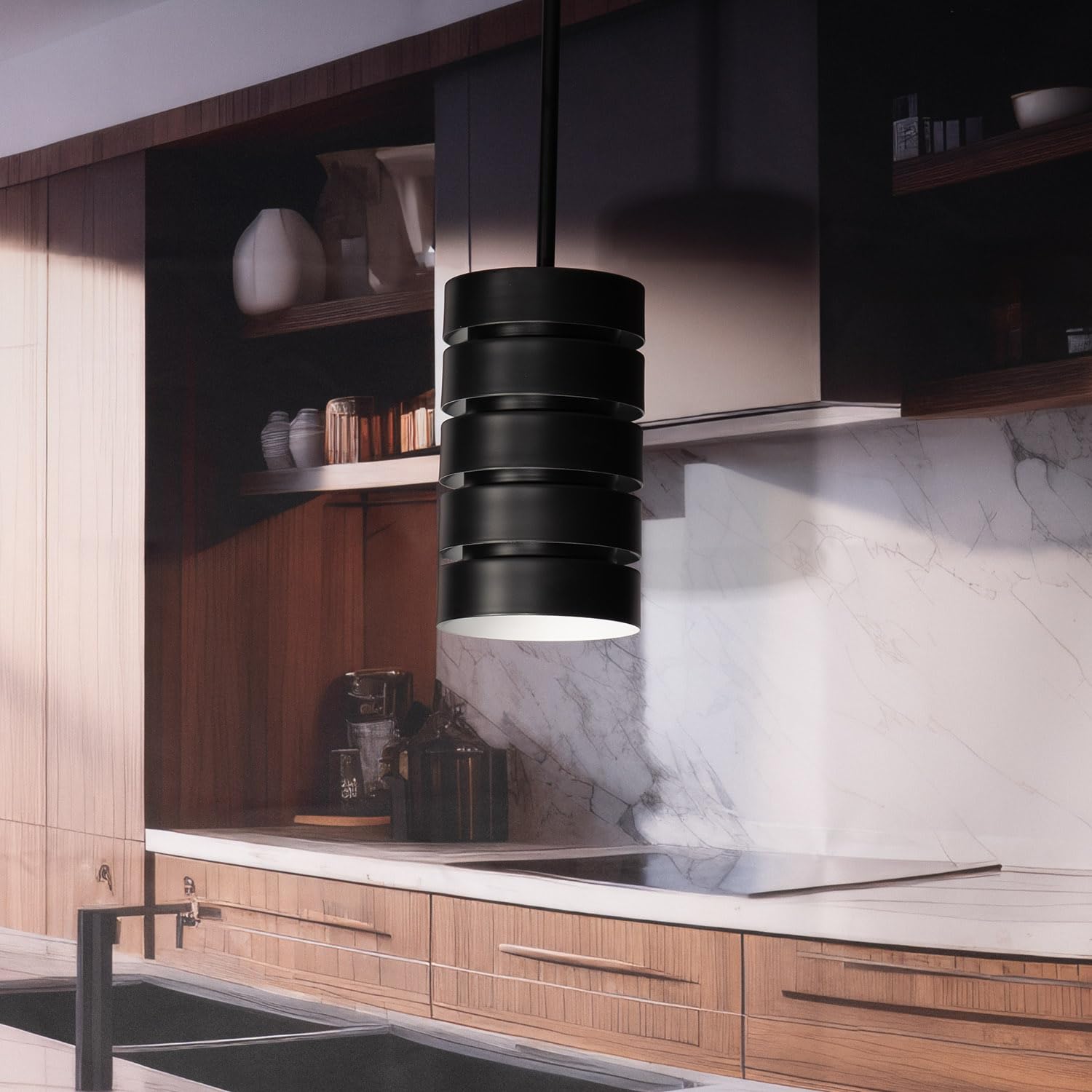 Linea di Liara Matte Black Pendant Light Fixture, Industrial Mini Pendant, Medium Size, Metal, Model LL-P516-5BLK-UPC