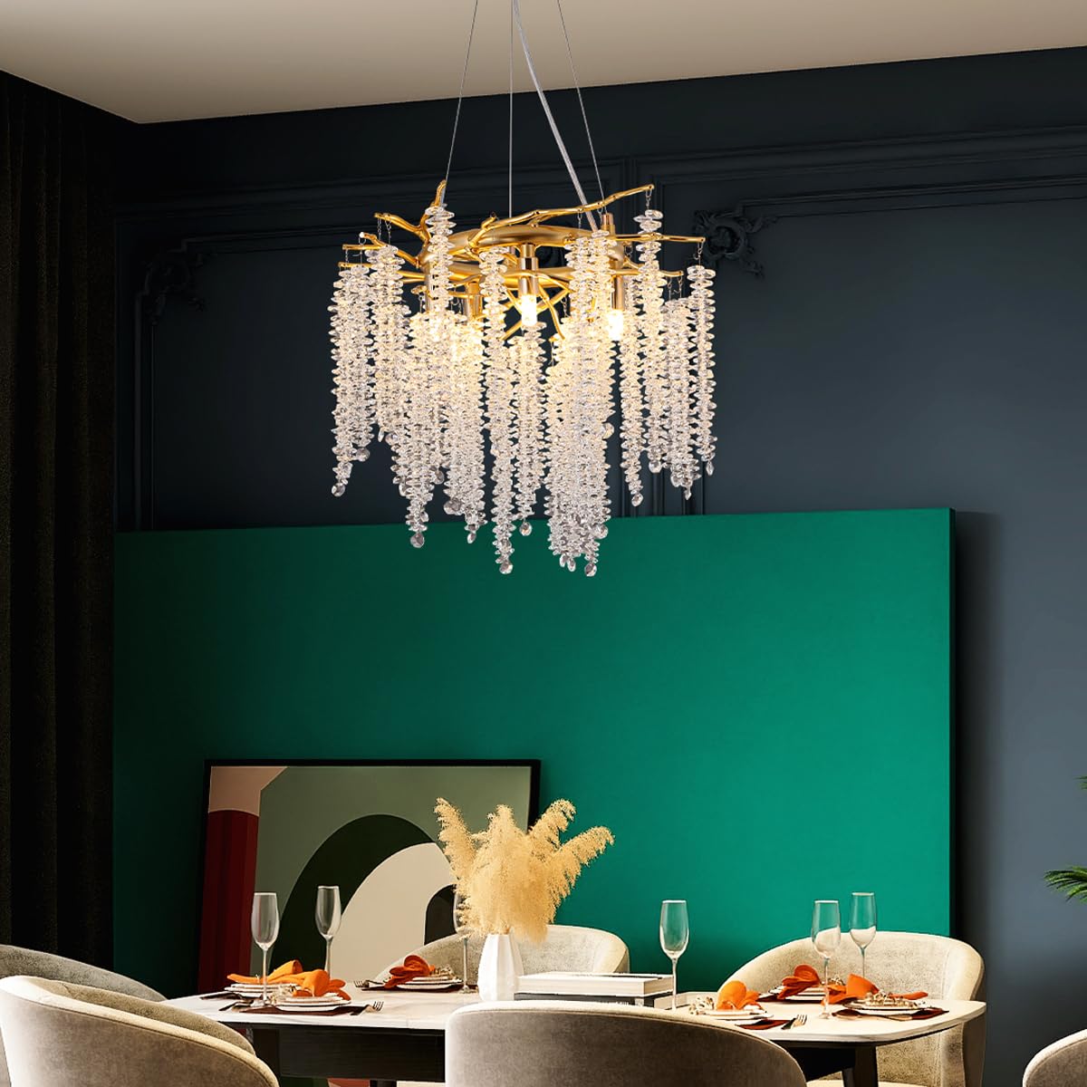 Puvaue 8-Light Raindrop Crystal Pendant Chandelier Round D15.8in Gold, Aluminum/Iron, Luxury Ceiling Light for Dining Room/Bedroom