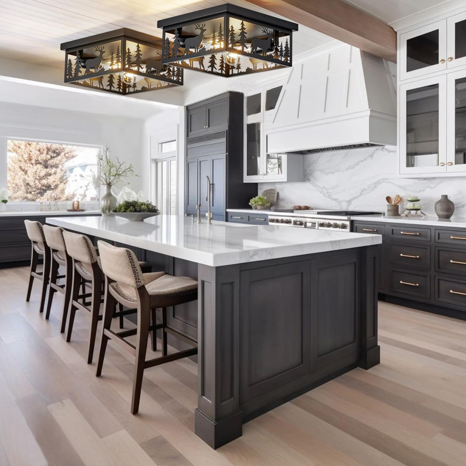 Monyohame Farmhouse Rustic Deer Ceiling Light Fixtures, Vintage Metal Cage Light Perfests For Kitchen,Living Room, Bedroom, Balc