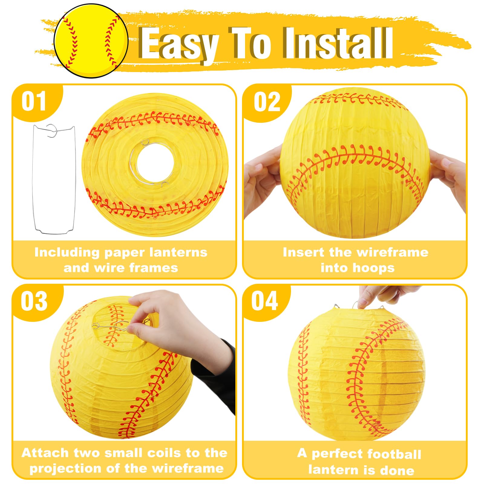 24 Pcs Softball Paper Lantern, 8 Inch Softball Lanterns Hanging Decoration Sport Party Softball Paper Lanterns For Little League