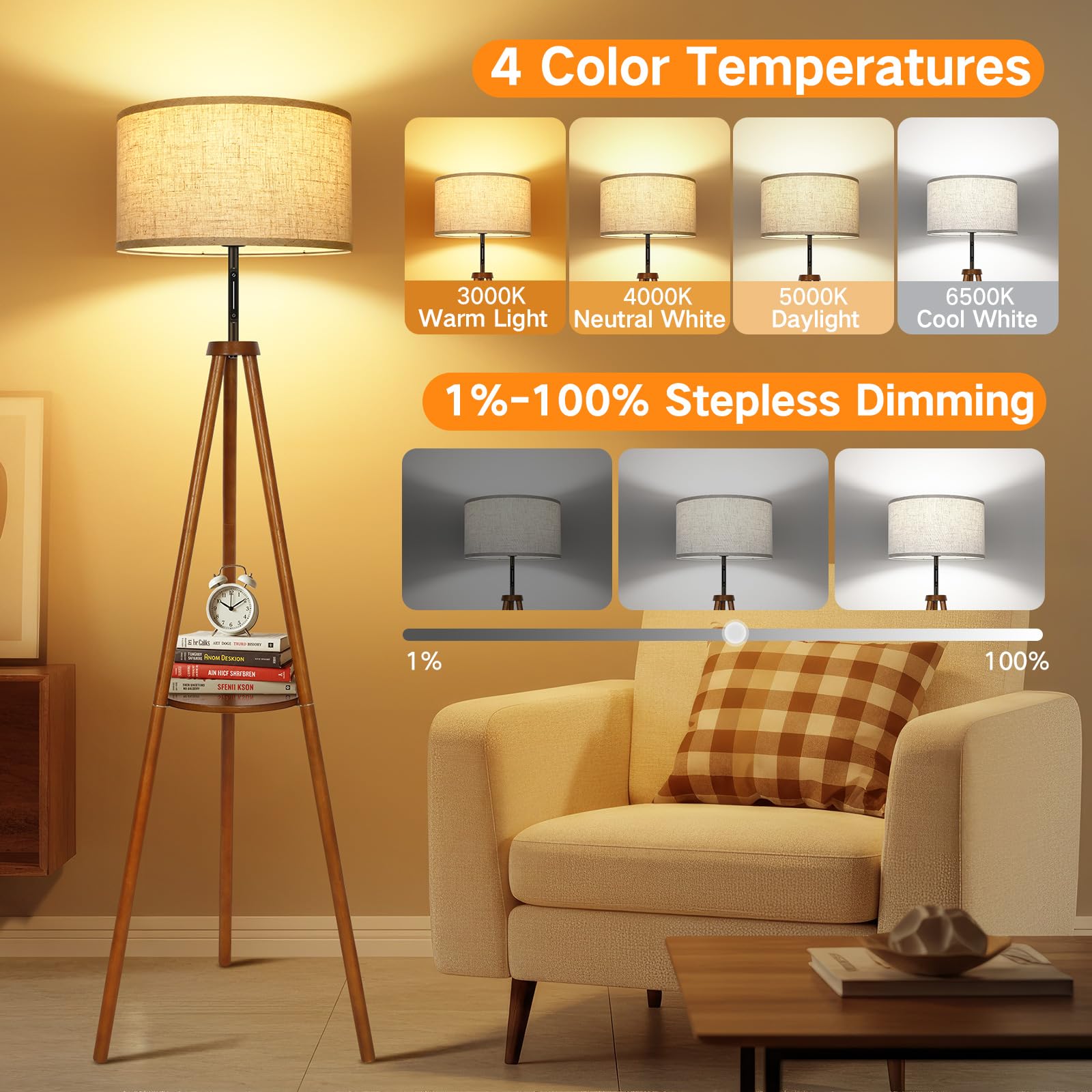 OUTON Wood Tripod Floor Lamp, LED Dimmable with Remote & Touch Control, Walnut Finish