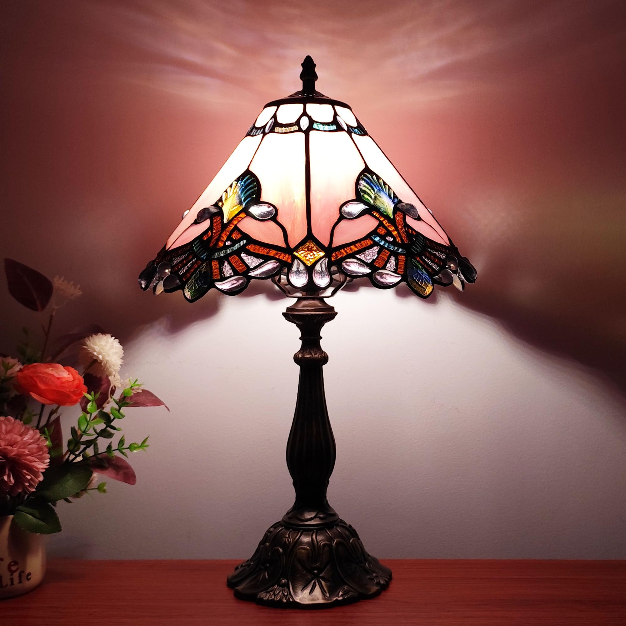 XPHMXP Tiffany Lamp Stained Glass Lamp 3 -Way Tiffany Style Antique Lamp Vintage Pink Baroque Style Bedside Table Light for Home