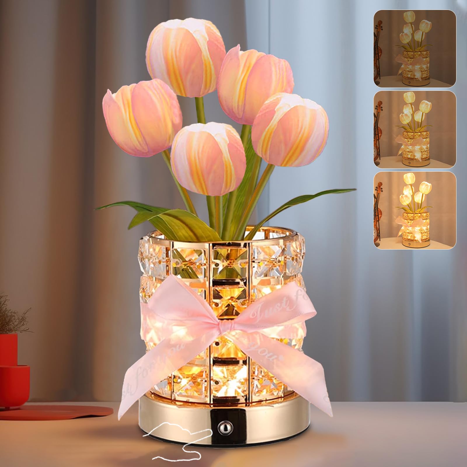 Tulip Flower Lamps, Rechargeable Cordless Small Desk Lamp, 3 Colors Dimmable Artificial Flowers Night Light, Fake Bouquet 5 Tuli