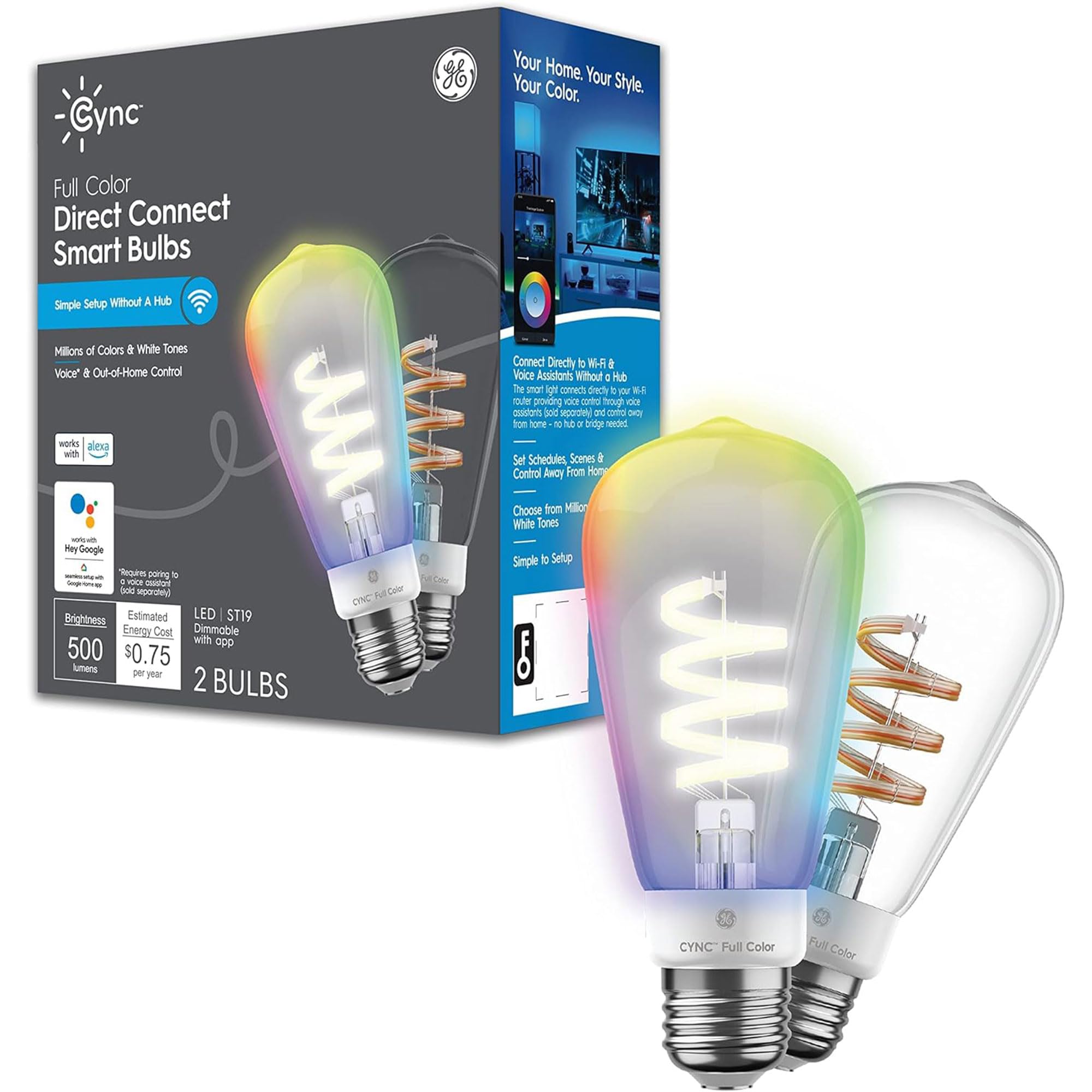 Ge Cync Smart Led Light Bulb, St19 Edison Style, Room Decor Aesthetic, Color Changing Wifi Light, 60W Equivalent, Works With Ama