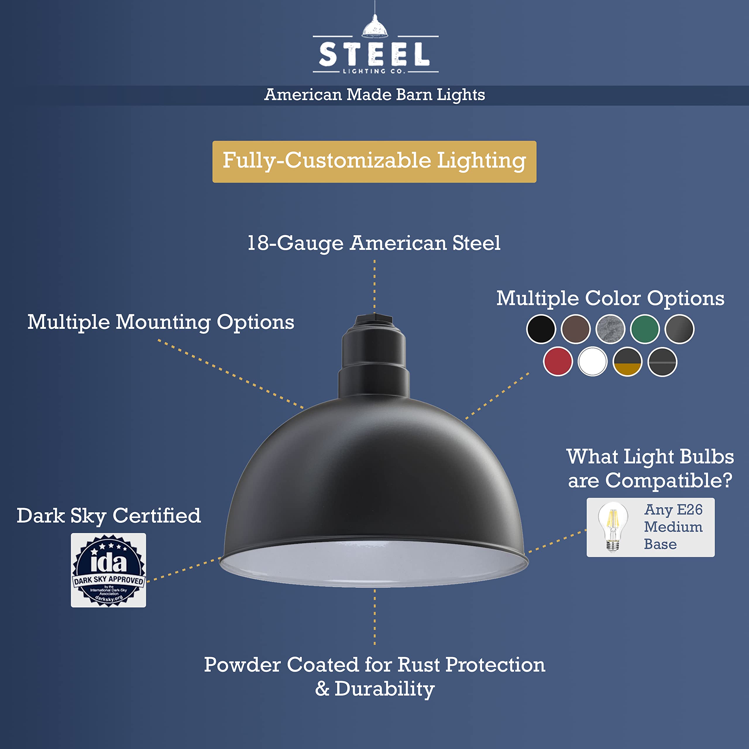 Steel Lighting Co. Rose Bowl Pendant Light - 15in Dome, 12in Stem, Heavy Duty Alloy Steel, Green Exterior/White Interior