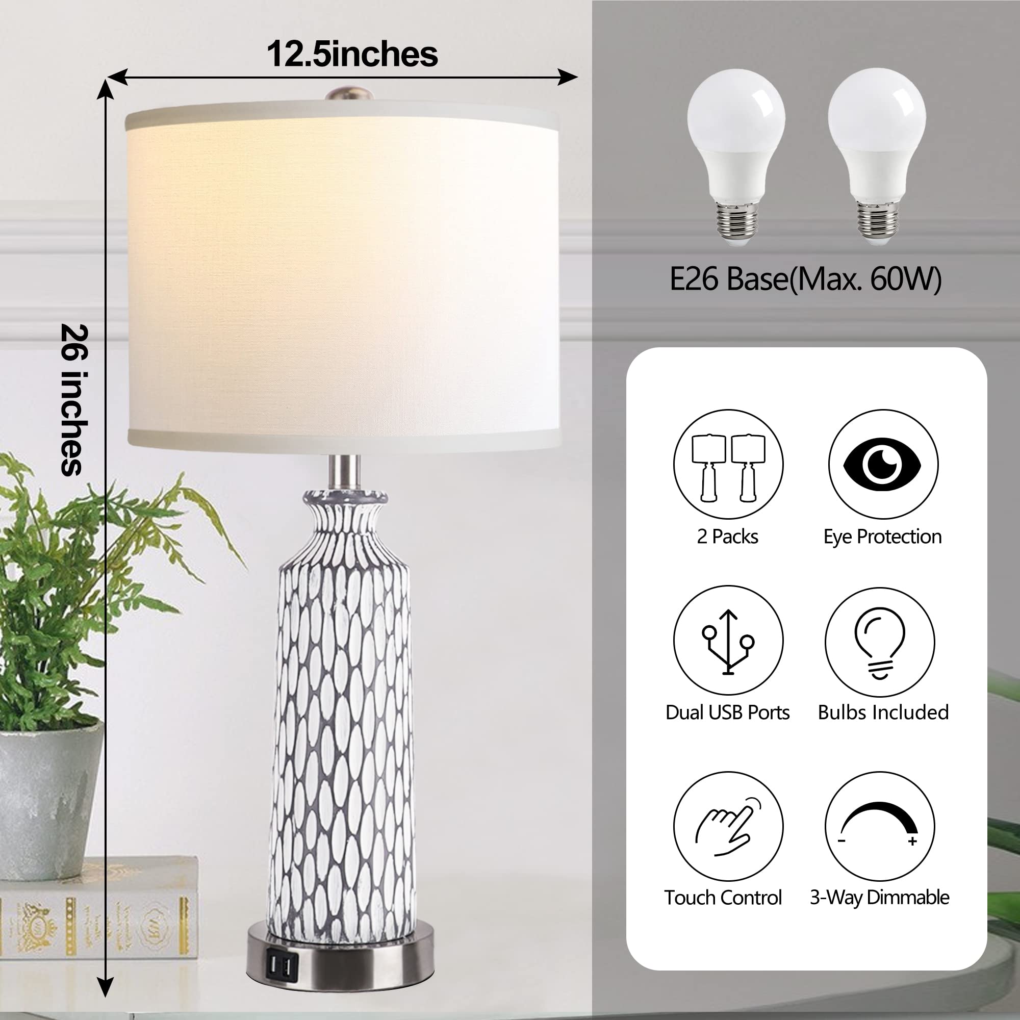 QiMH Table Lamp Set of 2, Modern Coastal Grey White Resin, 3-Way Dimmable Touch Control, USB A+C Ports, 2700K LED Bulbs