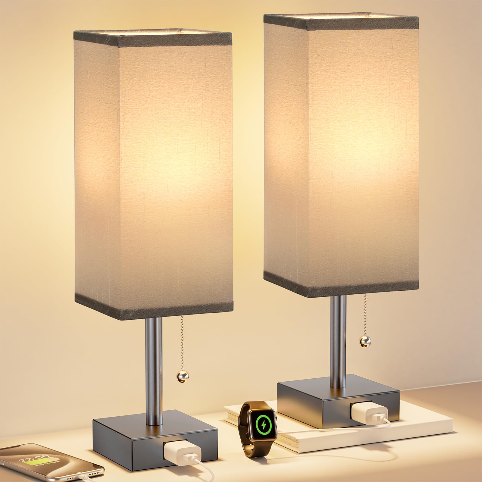 Fenmzee Grey Bedside Table Lamps for Bedroom Set of 2 - Small Rectangular Nightstand Lamp with AC Outlet Charging Port, 3 Color 