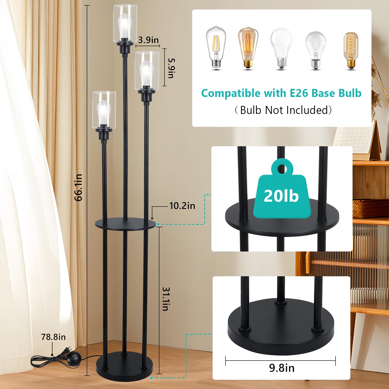 Hmvpl Floor Lamps For Living Room, 3-Lights Modern Floor Lamp With Shelves, Farmhouse Standing Lamp With Glass Shades, On/Off Fo