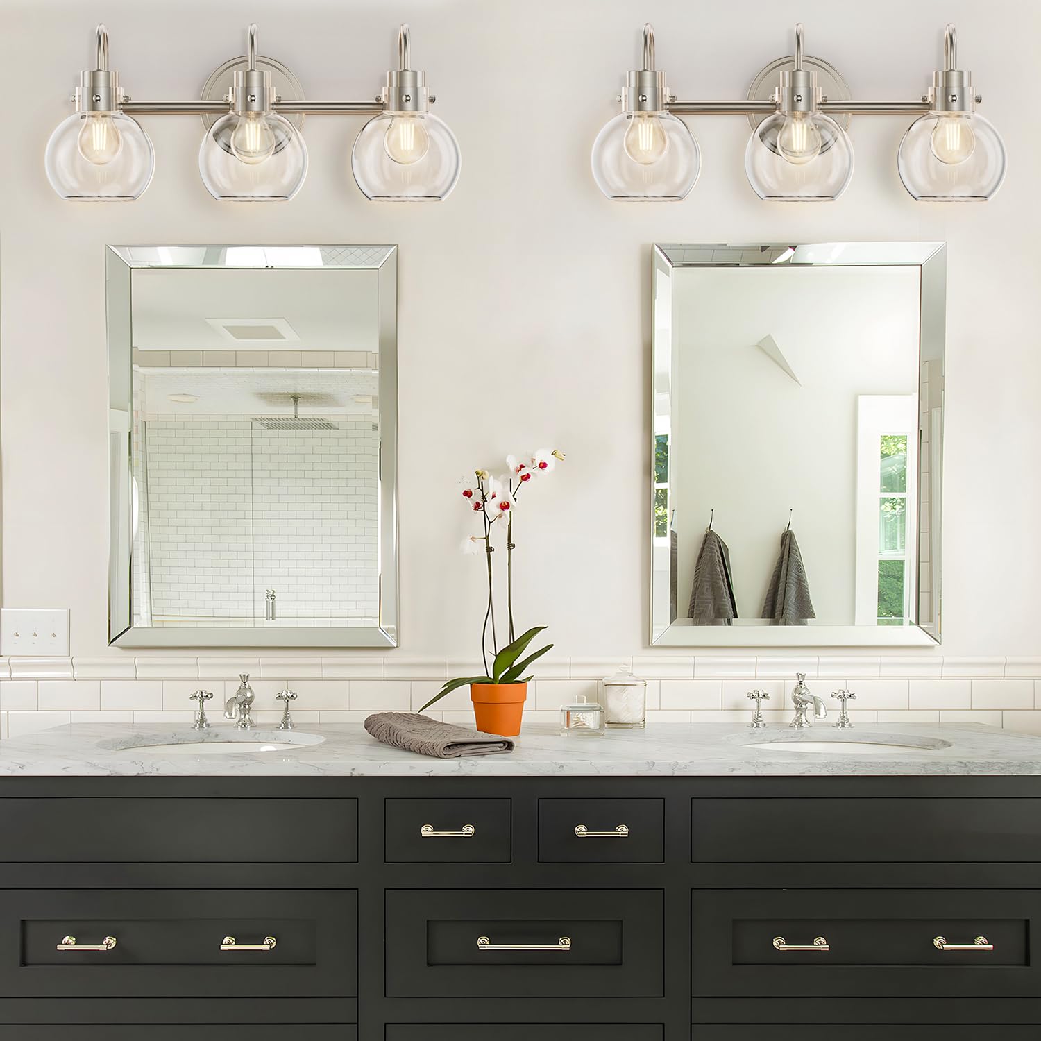 3 Lights Vanity Light, Brushed Nickel Bathroom Light Fixtures, Farmhouse Wall Sconces with Globe Clear Glass Shade, Porch Wall M