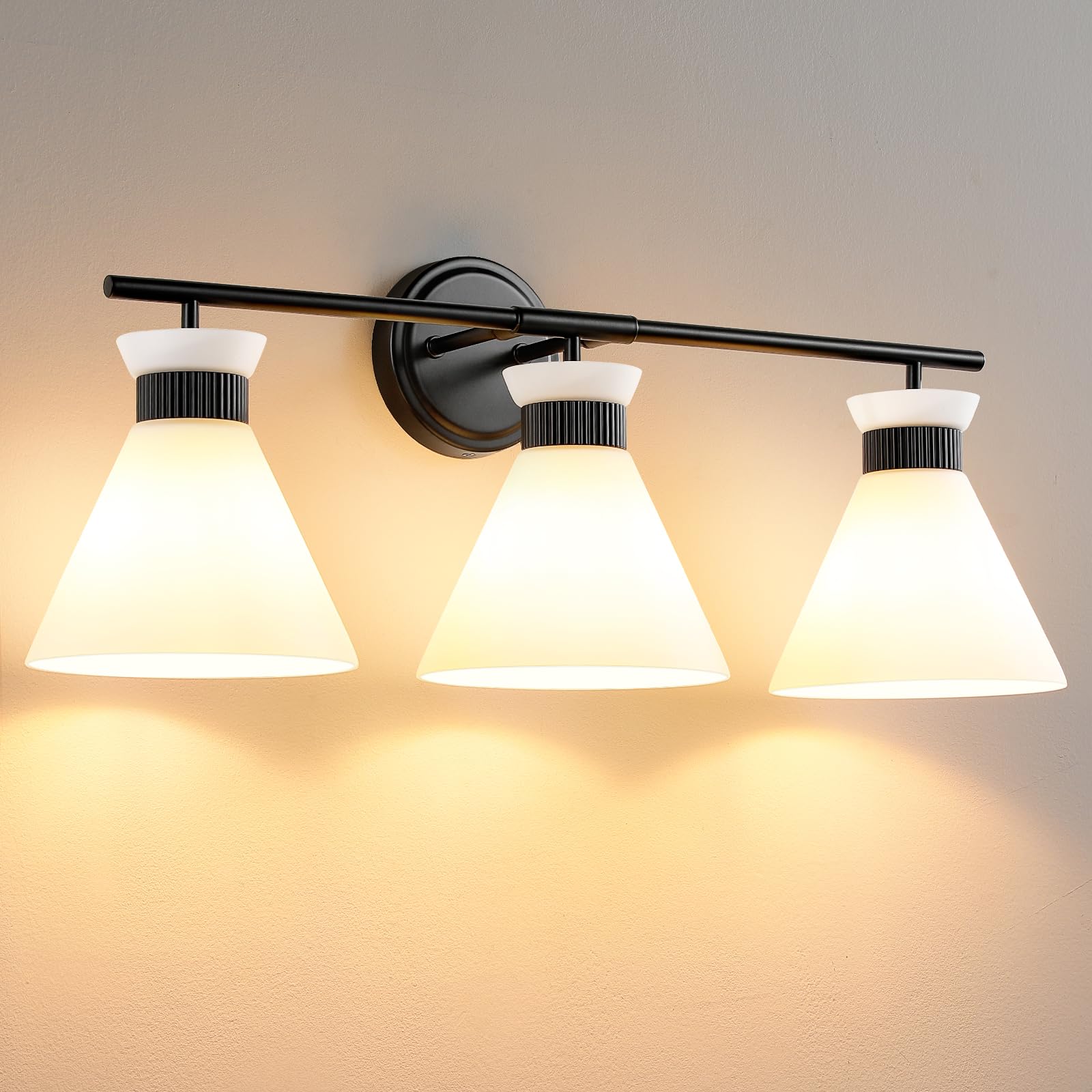 Black Bathroom Vanity Light Fixtures: Bathroom Lighting Fixtures Over Mirror 23.4 Inch With Milky White Frosted Glass, 3-Lights