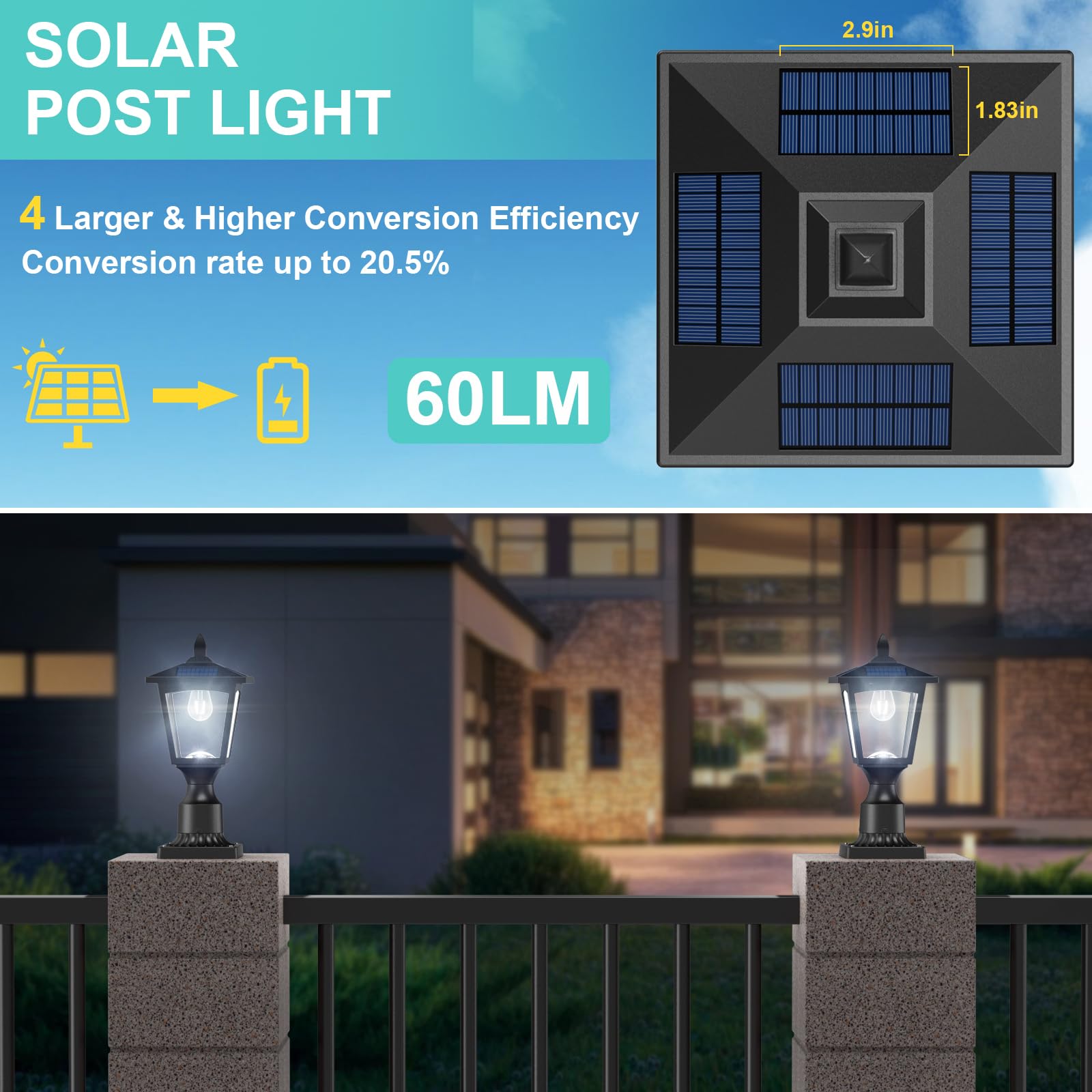 Greluna Solar Post Lights, 6000K Dusk to Dawn Outdoor Lamp, Waterproof Pier Mount, Cool White, Model PL007