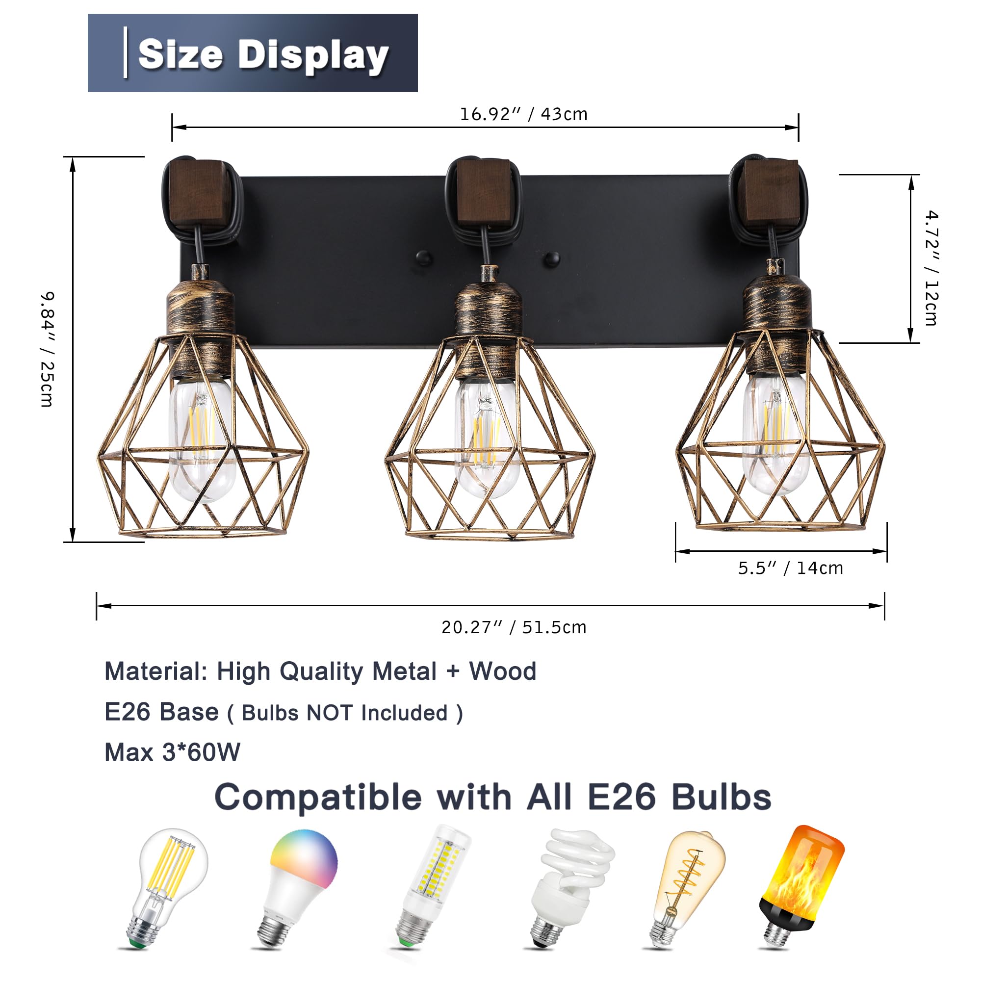maesta Farmhouse Bathroom Vanity Light Fixture, 3-Light Metal Sconces, Black Gold, Model MA022-3