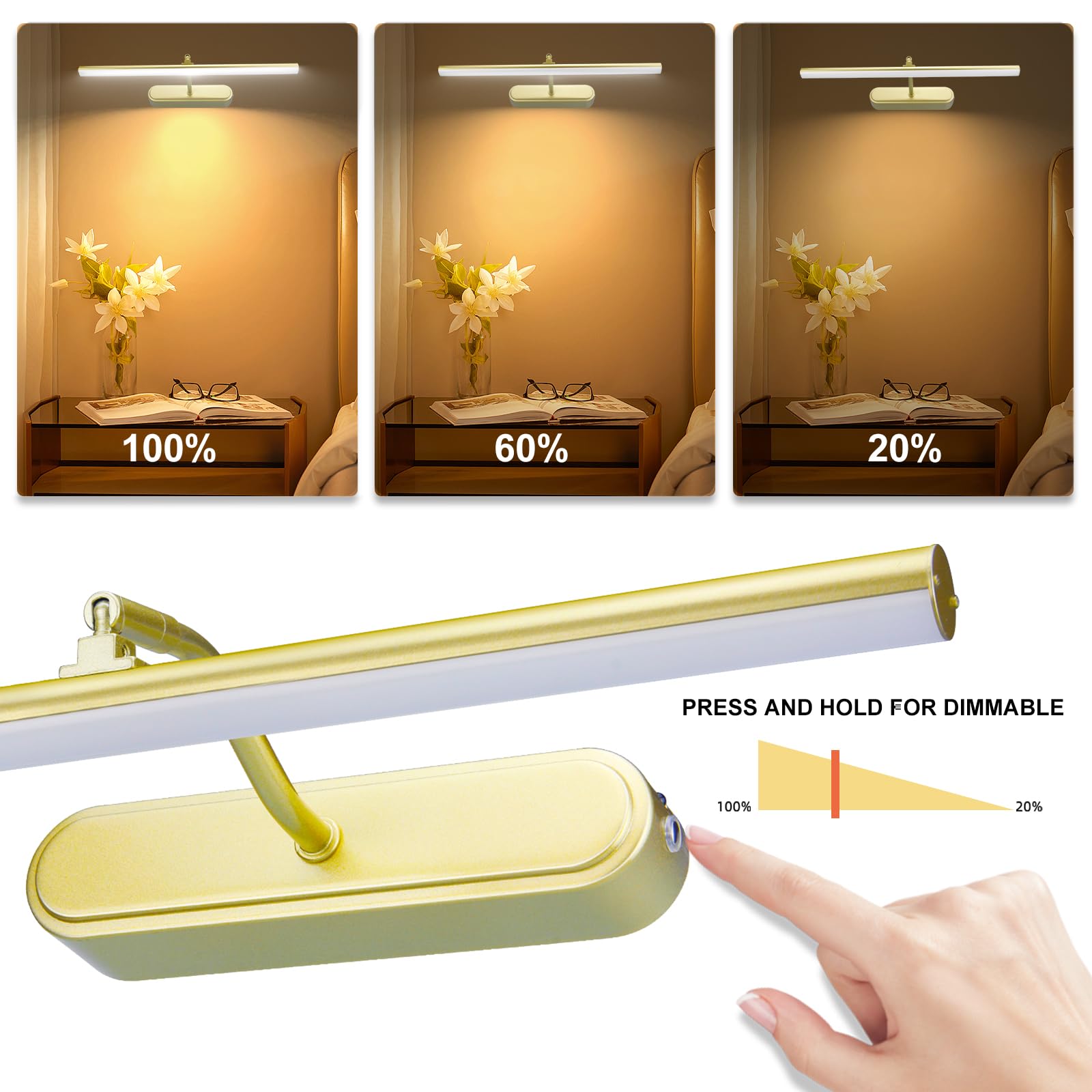 RAIFOOLLY Picture Light - Wireless 16" Accent Light, Gold Metal, Remote Control, Dimmable, Battery Operated, Model RF00300