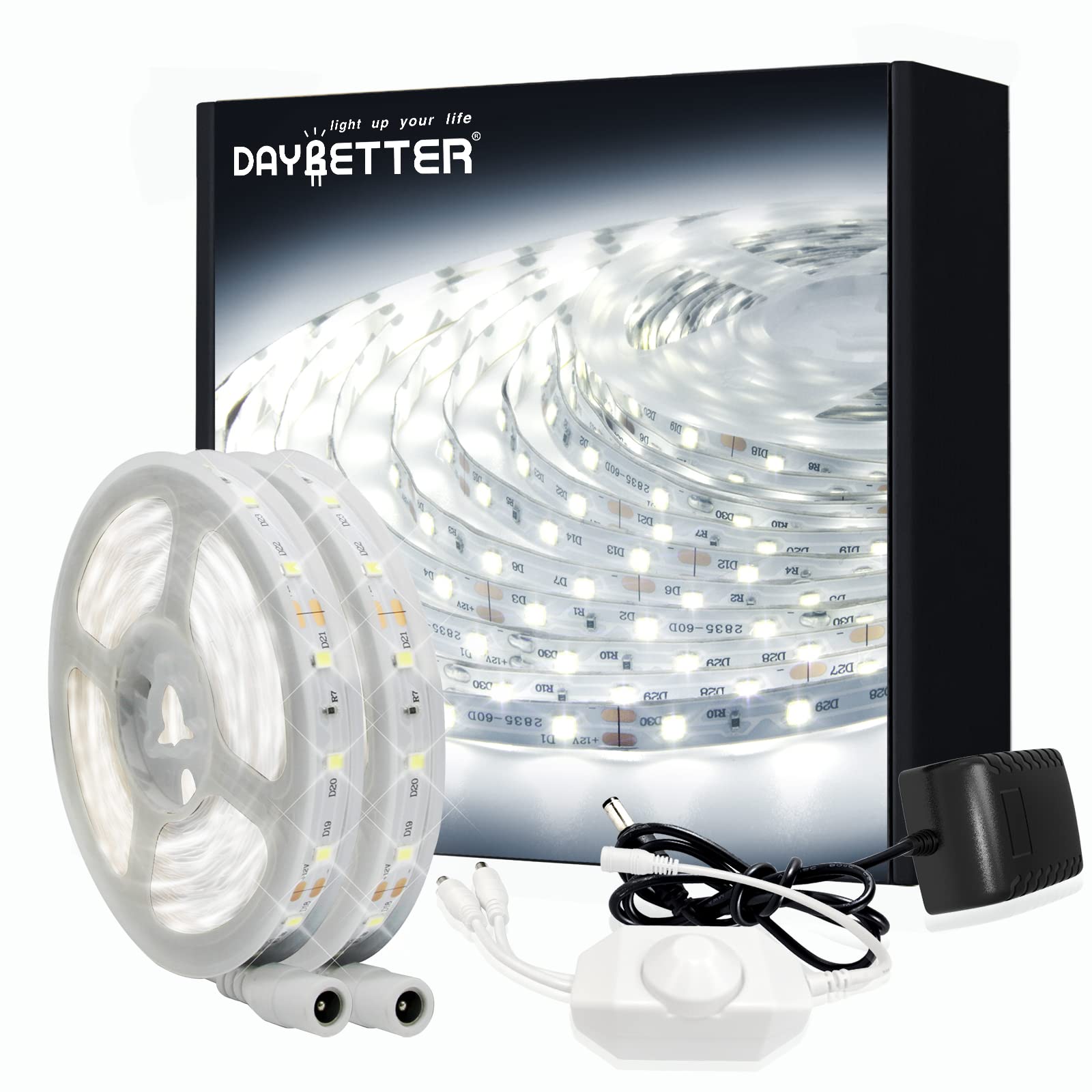 DAYBETTER LED Strip Lights, 50ft Dimmable 6500K Bright White, 900 LEDs for Home Decoration, Vinyl, Daylight White, Model FLSLS2015WUS