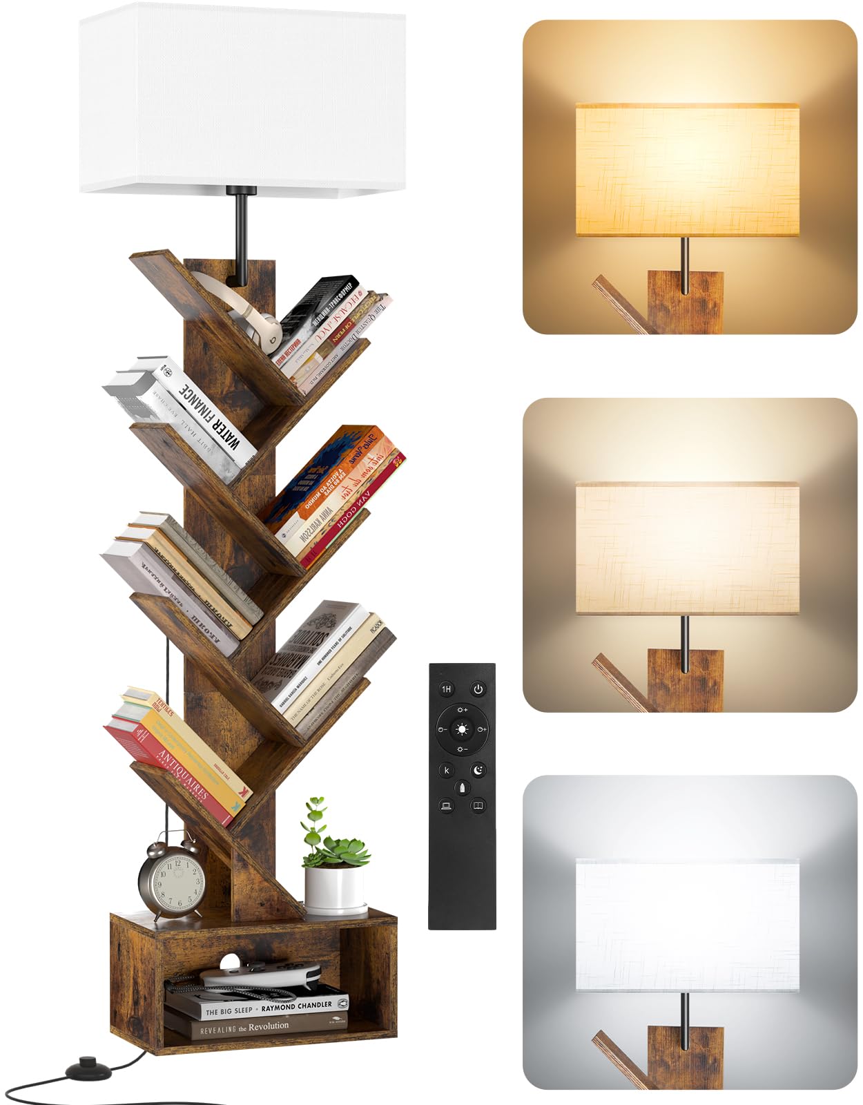Outonlife 6 Tier Tree Bookshelf With Lamp, Remote & Timer, Modern Tall Floor Standing Book Shelf, Narrow Wood Bookcase, Small Bo