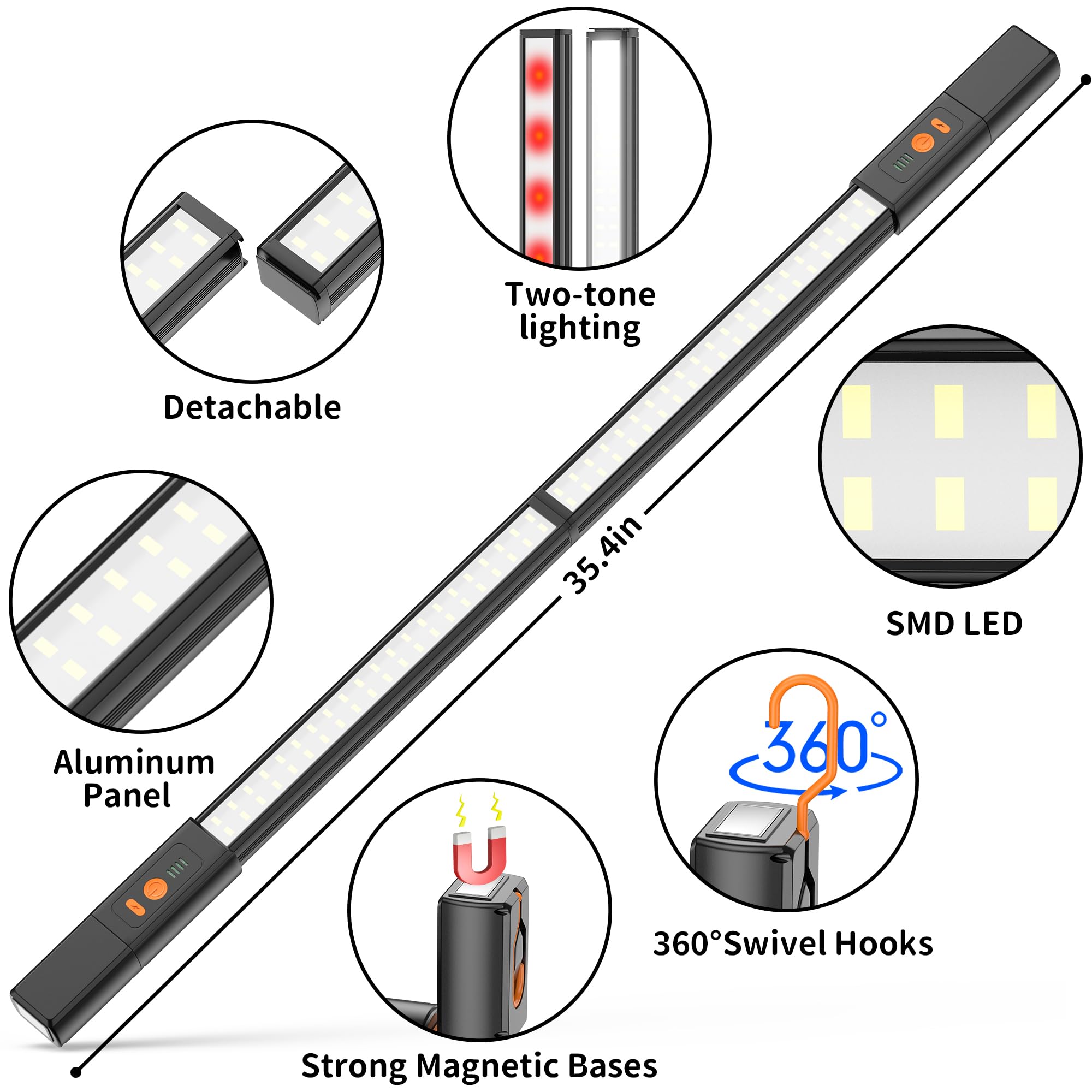 Yiamia Detachable Led Work Light Rechargeable, Aluminum Panel Long Underhood Work Light, 6000Mah Hood Light Bar With Magnetic An