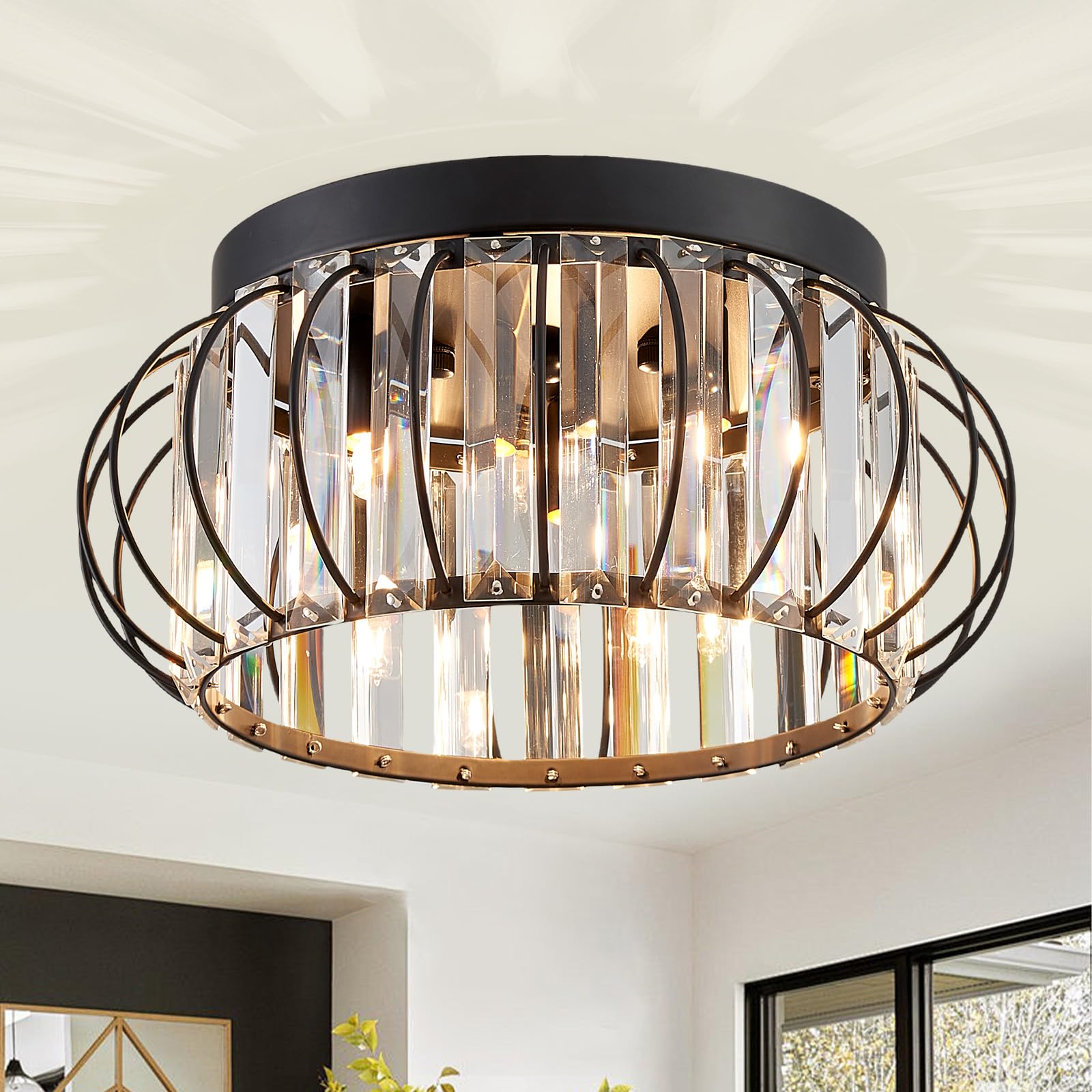 Cabvope Black Flush Mount Ceiling Light Fixtures 3-Light Metal Crystal Chandelier for Hallway Foyer Bedroom Kitchen Living Room 