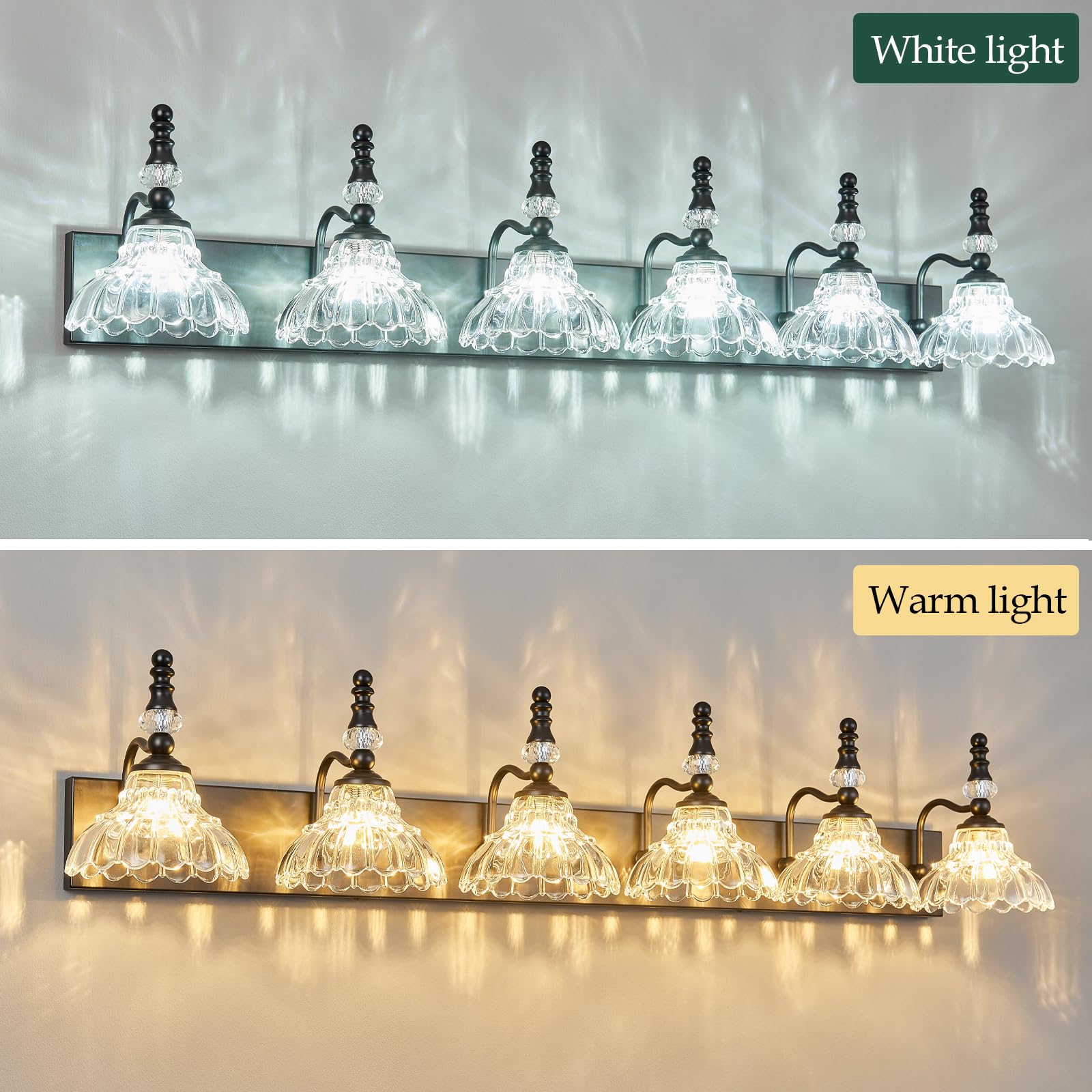 Lbsqj Vintage Bathroom Vanity Light  6-Light Black Vanity Lighting Fixture With Flower Glass Shade  Bathroom Lighting Fixtures Over Mirror