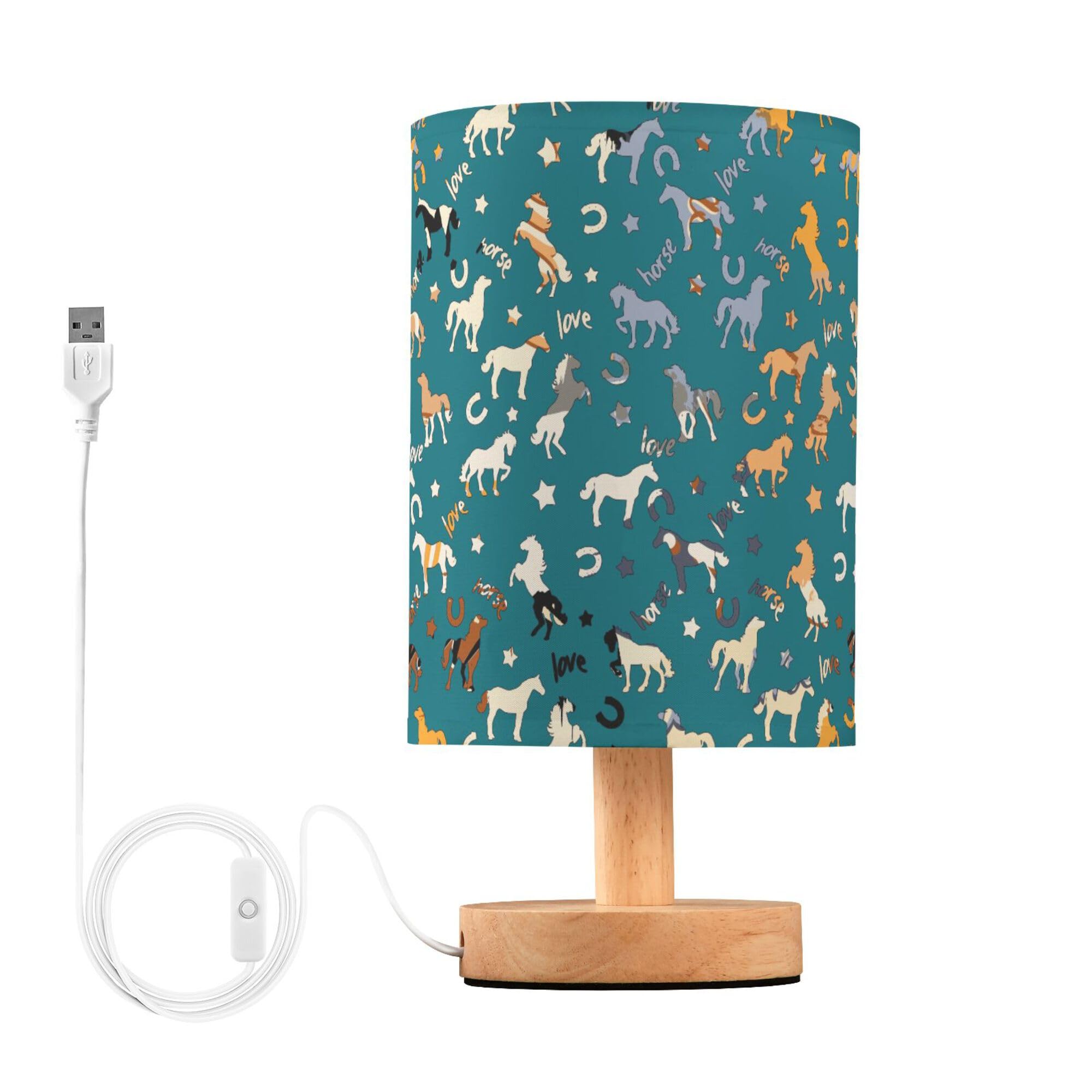 YYZZH Table Lamp Horse Pattern Colorful Star Horseshoes Letter Nightstand Lamp with Wood Base Fabric Lamp Shade Bedside Desk Lam