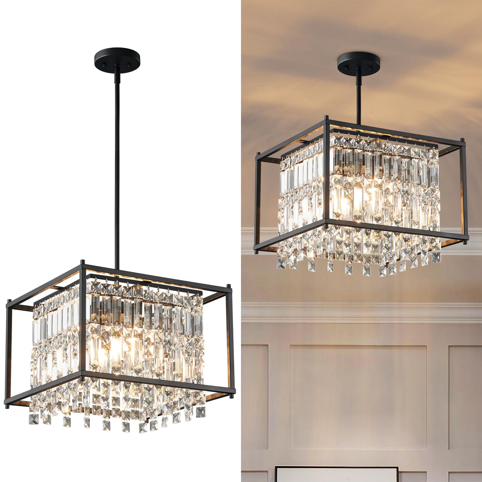 LMQNINE Modern Foyer Chandelier, Black Crystal Chandelier Entryway Pendant Light Fixture, Square Adjustable Height Chandeliers f
