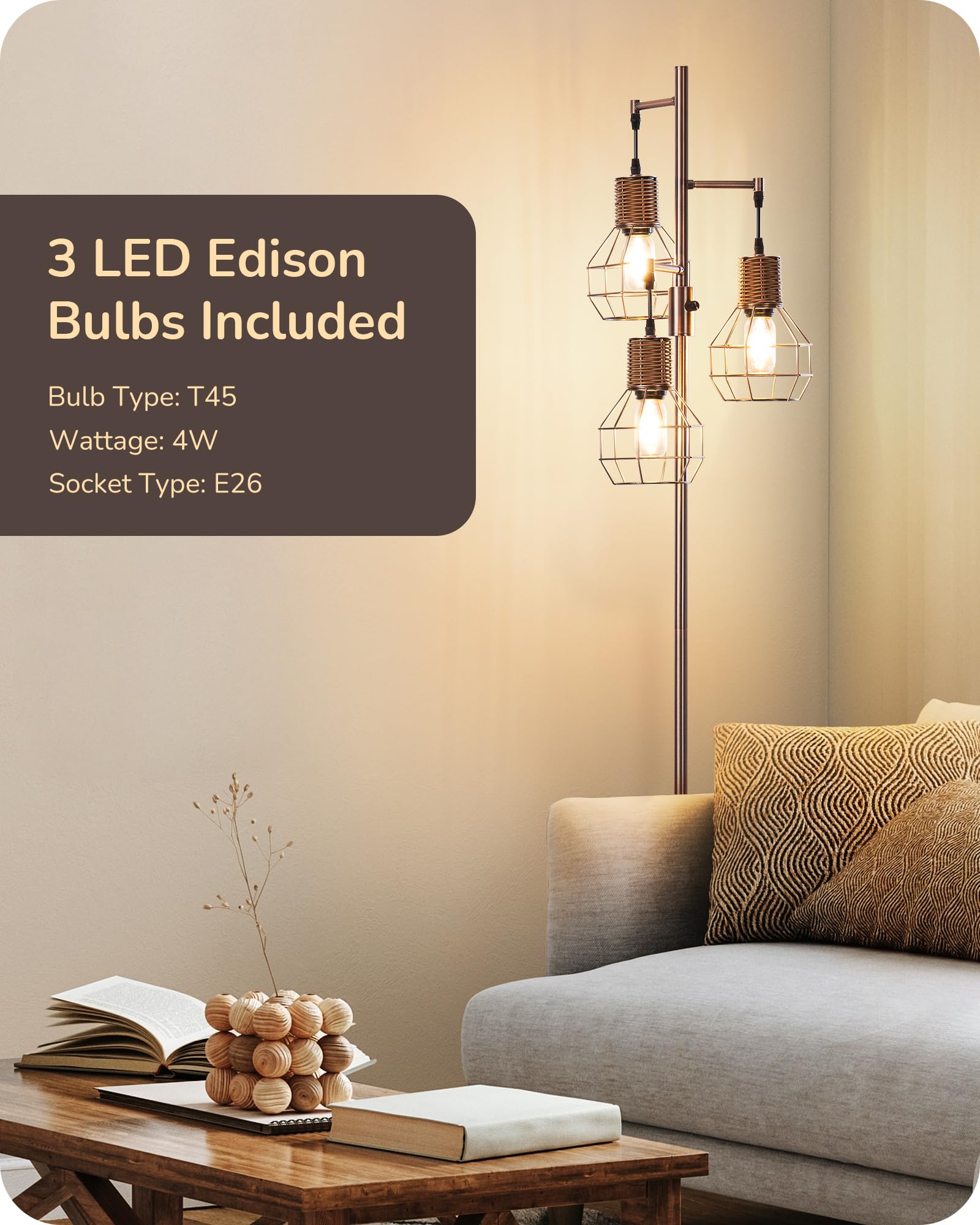 Edishine Dimmable Rustic Floor Lamp, Farmhouse Standing Lamp With 3 Led Edison Bulbs, Rattan Design Floor Lamps For Living Room,