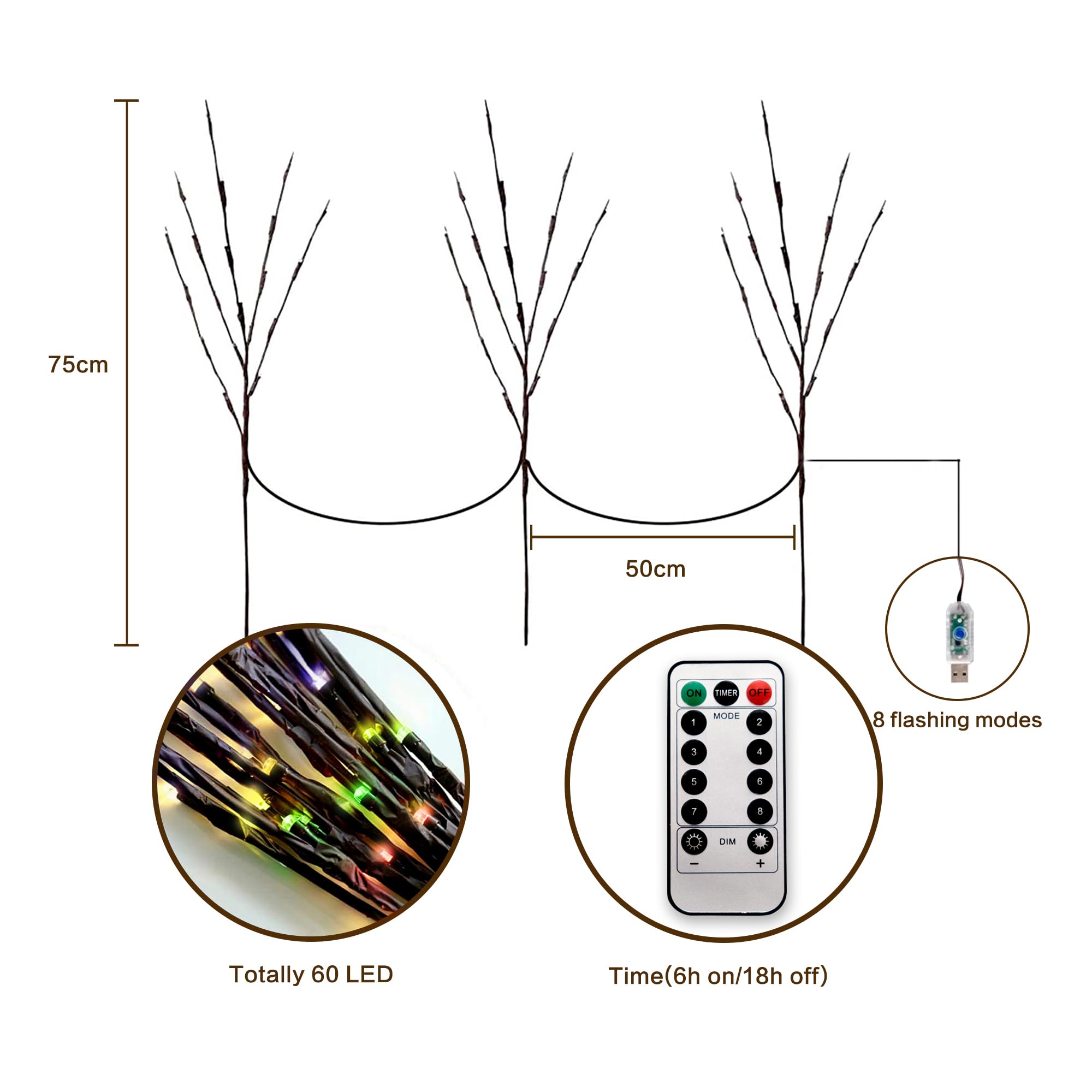 MENCH Branch Lights,3 Pcs Twig Light USB&Battery Powered 8 Flashing Modes by Remote Control.Branch Lights for Indoor and Outdoor