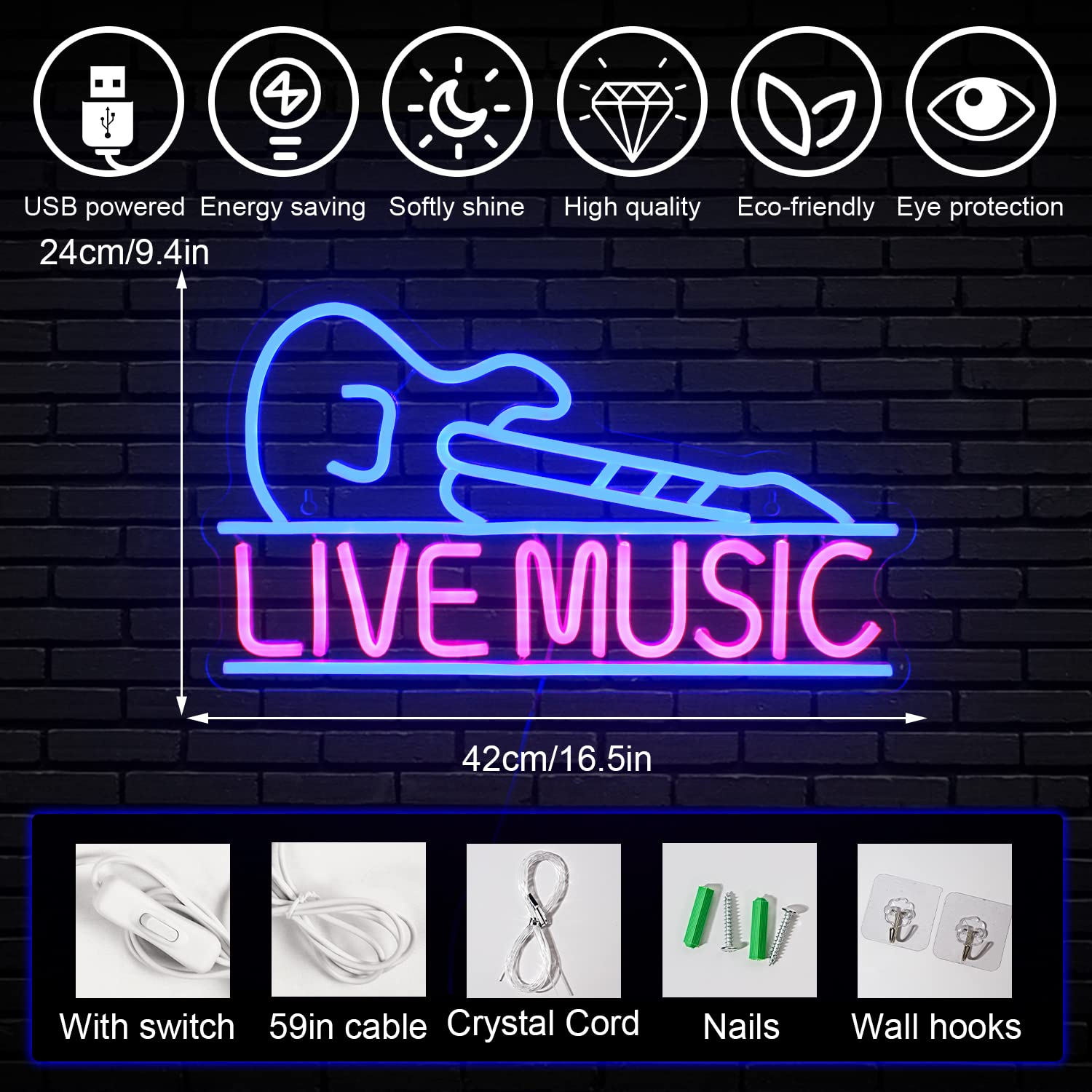 Horseneon Guitar Neon Sign - USB Powered LED Light for Wall Decor, Pink & Blue, Model FY-US-Flamingo