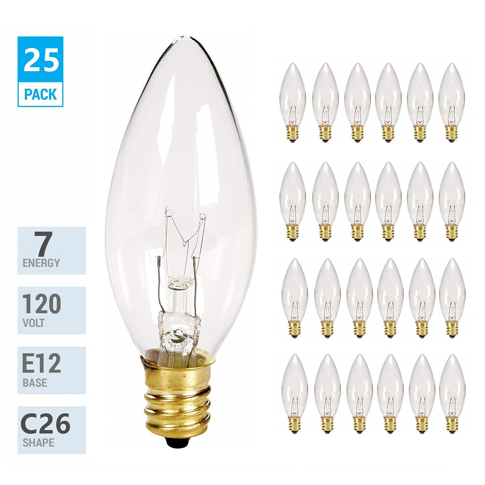 Sunsgne 25 Pack Candle Light Bulbs, C26 Crystal Clear Torpedo Candelabra Light Bulb For Chandeliers, Window Candle Bulbs, Nightl