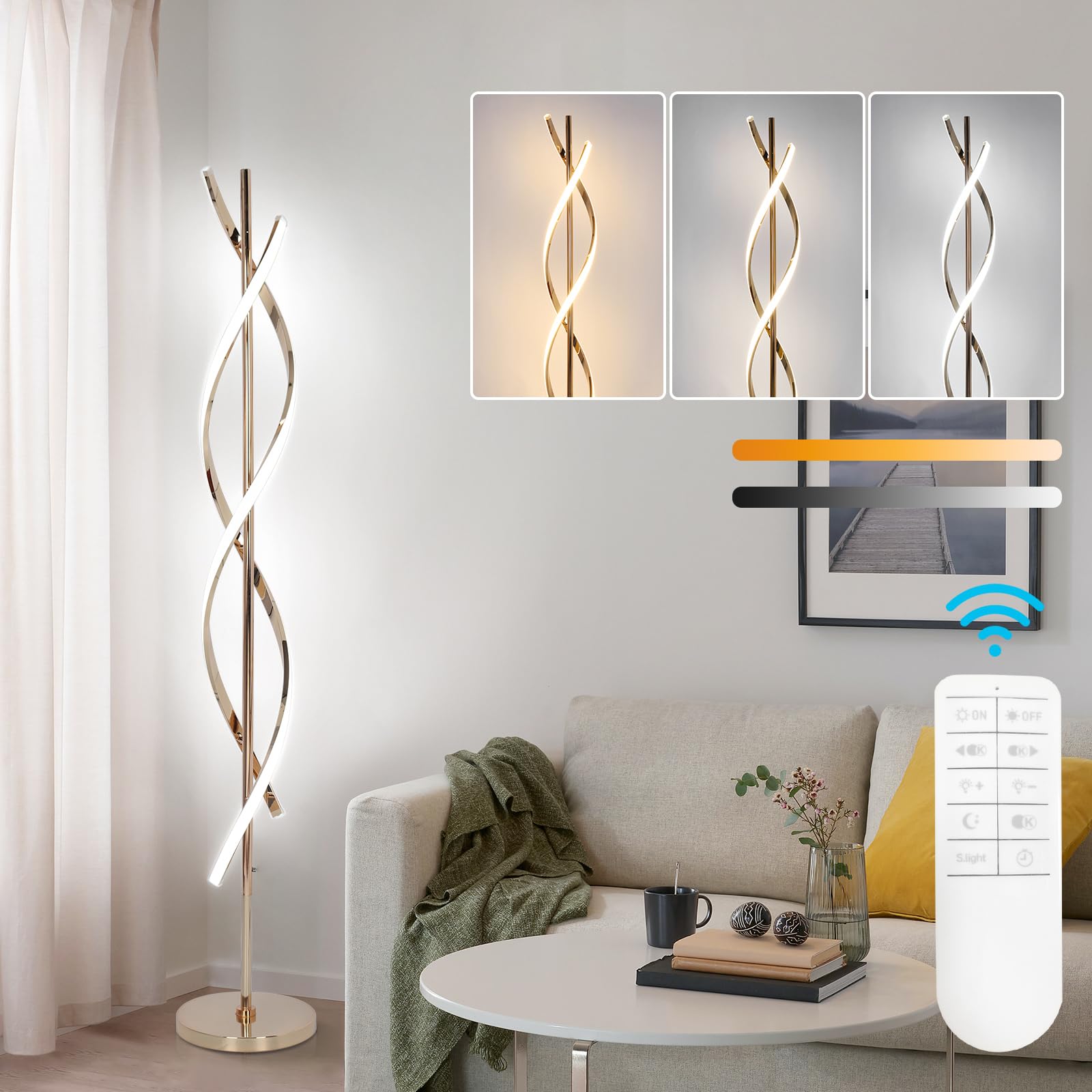 Eidearay Led Modern Floor Lamp, 40W Dimmable, Color-Changing, 60 Spiral Design, Gold, Model Ldd-G1