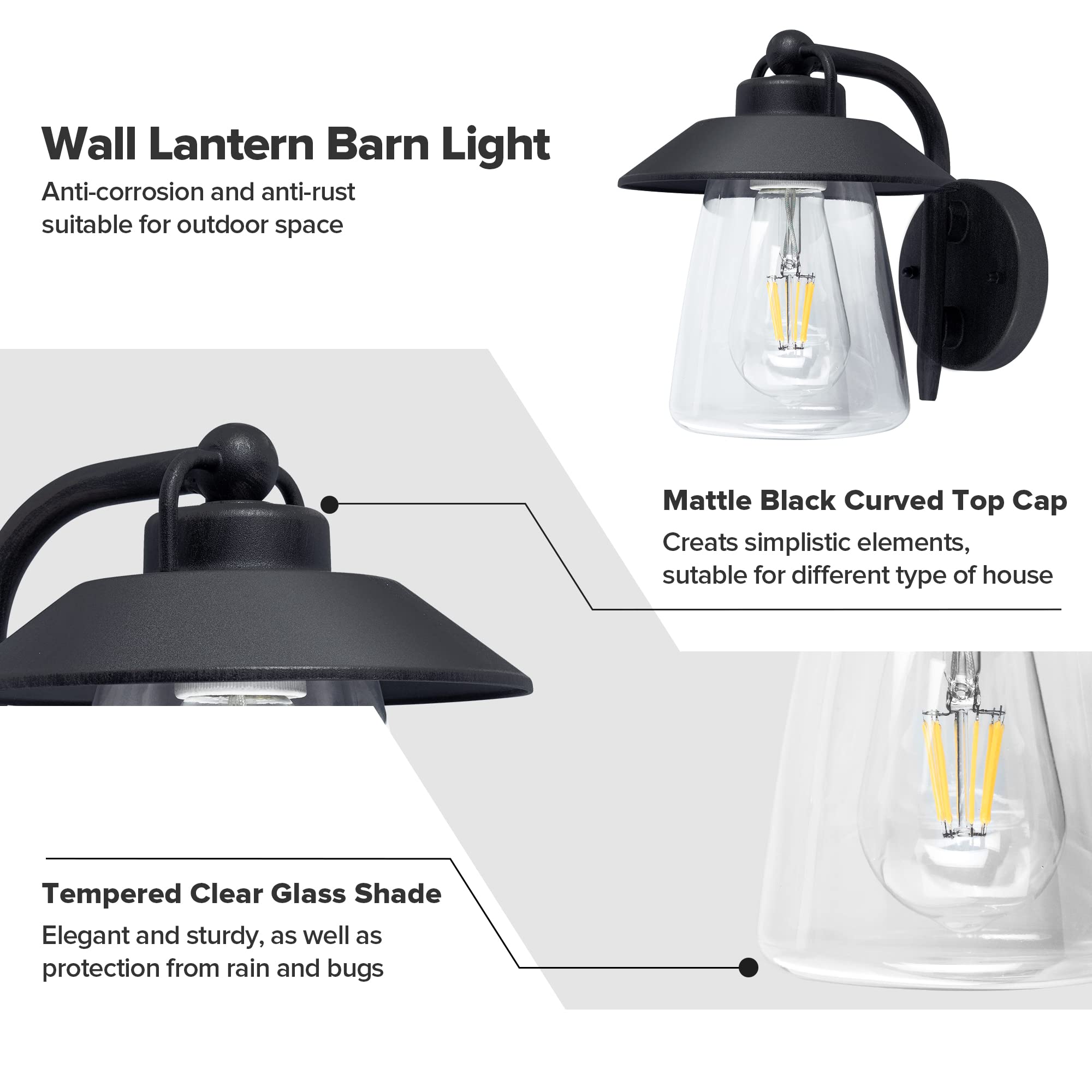 LUTEC Outdoor Wall Lantern Sconce, Matte Black Aluminum, Waterproof Clear Glass Light for Porch and Patio