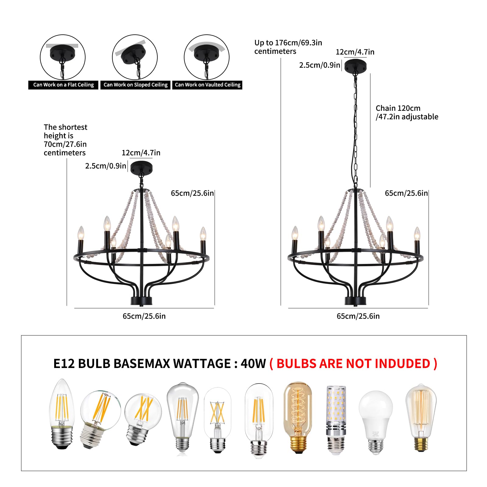 Ganeed Black Wagon Wheel Chandelier, 6-Light Vintage Chandeliers With Wood Beaded, Round Farmhouse Adjustable Height Hanging Pen