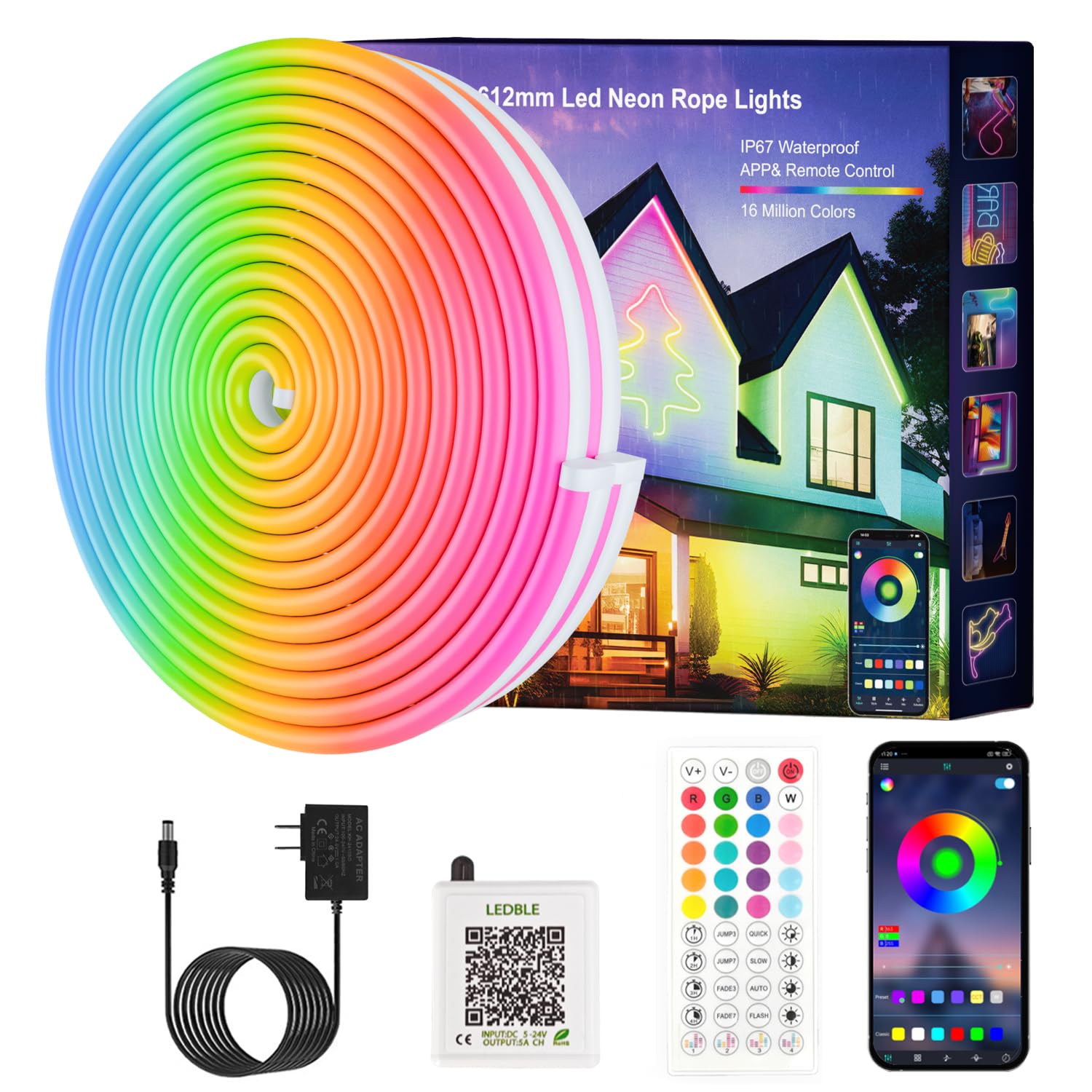 JIAMEI Neon Rope Lights, 49.21FT RGB LED Strip, App Control, Music Syncing, IP67 Waterproof, Multicolor, Model YIKUN-612NHRGB001