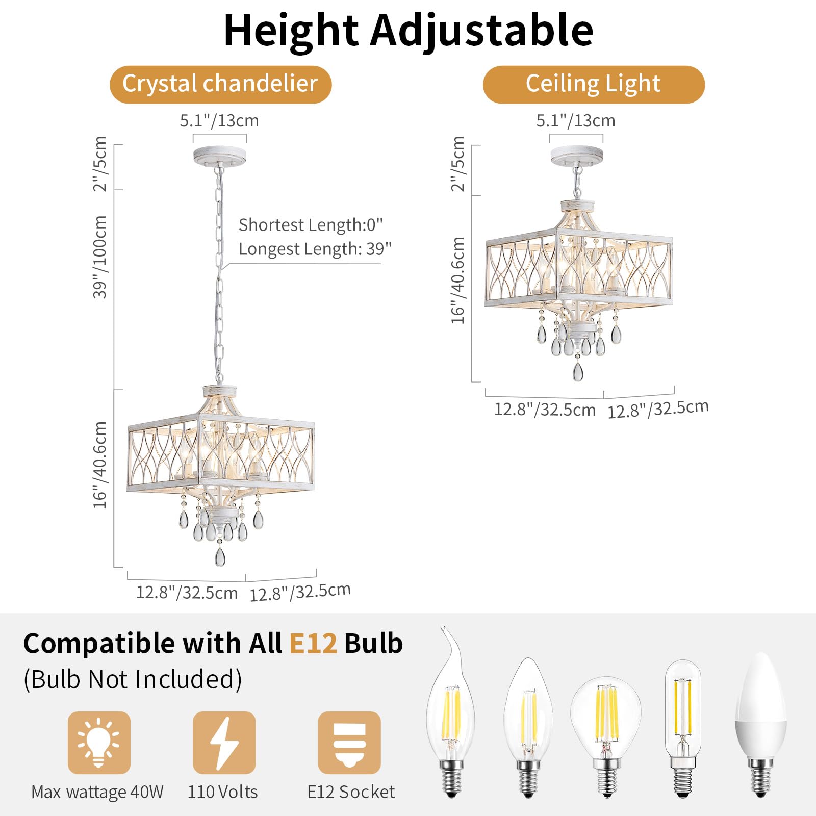 Farmhouse Crystal Chandelier White Modern K9 Crystal Ceiling Chandelier Lighting Fixture  Hanging Pendant Light Fixture  Kitchen Island Lighting For Dining Room Living Room Entryway Bedroom Hallway