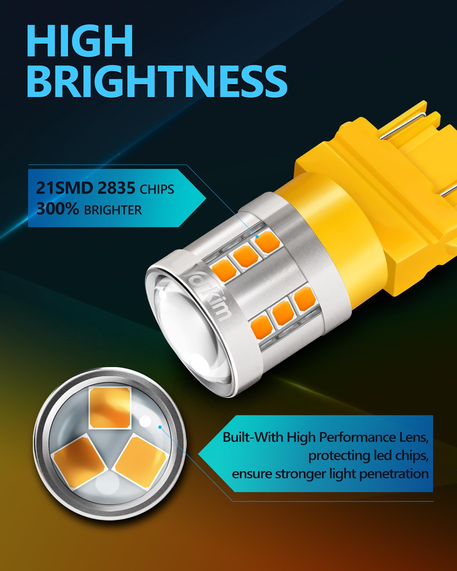 Yorkim LED Bulb 3157/3156 Amber High Brightness Replacement Lamp for Turn Signal Lights, Pack of 2
