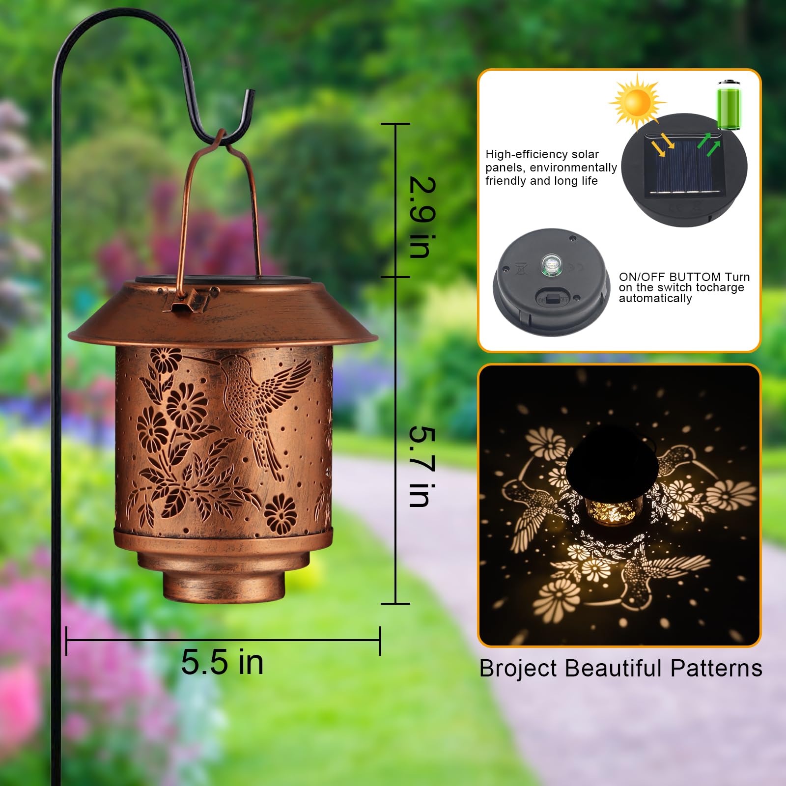 Doogarden Hummingbird Solar Lantern - Outdoor Metal Garden Decor, Waterproof LED, Bronze, Model D-MTD103